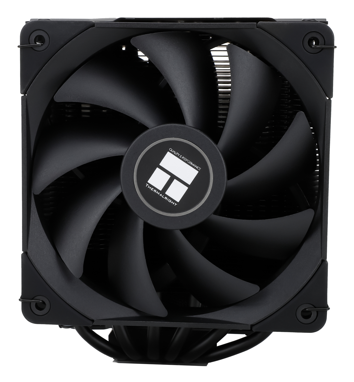 Schwarzer CPU-Lüfter mit Lüfterblättern. Thermaltake-Logo. Weißer Hintergrund.