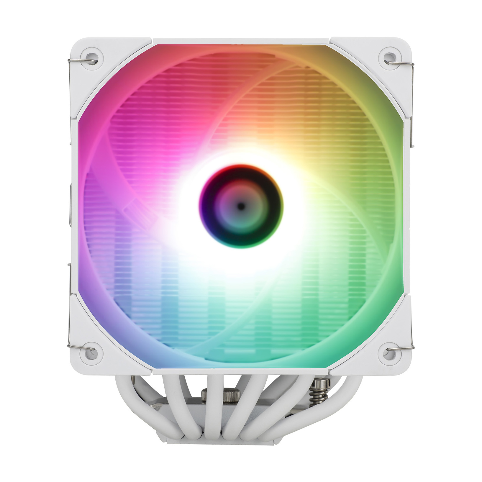 White CPU cooler fan. White blades and frame. RGB lighting. THERMALRIGHT logo in the center. White.