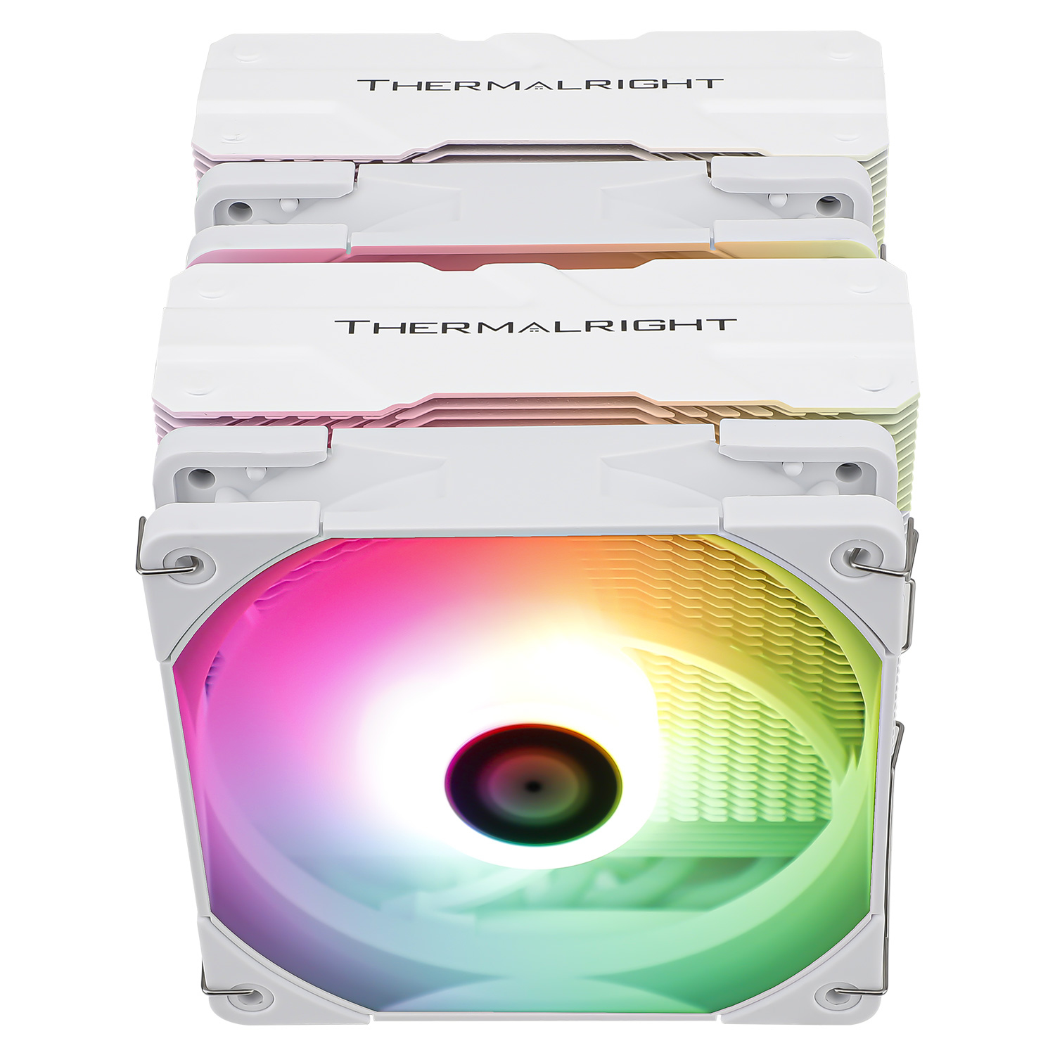 White Thermalright cooler with three layers. The bottom fan has RGB lighting. White and rainbow colors.