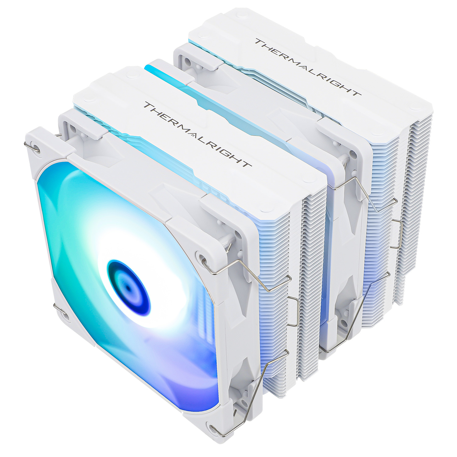 White CPU cooler with RGB fan, blue and green lights. Thermalright brand name is visible.