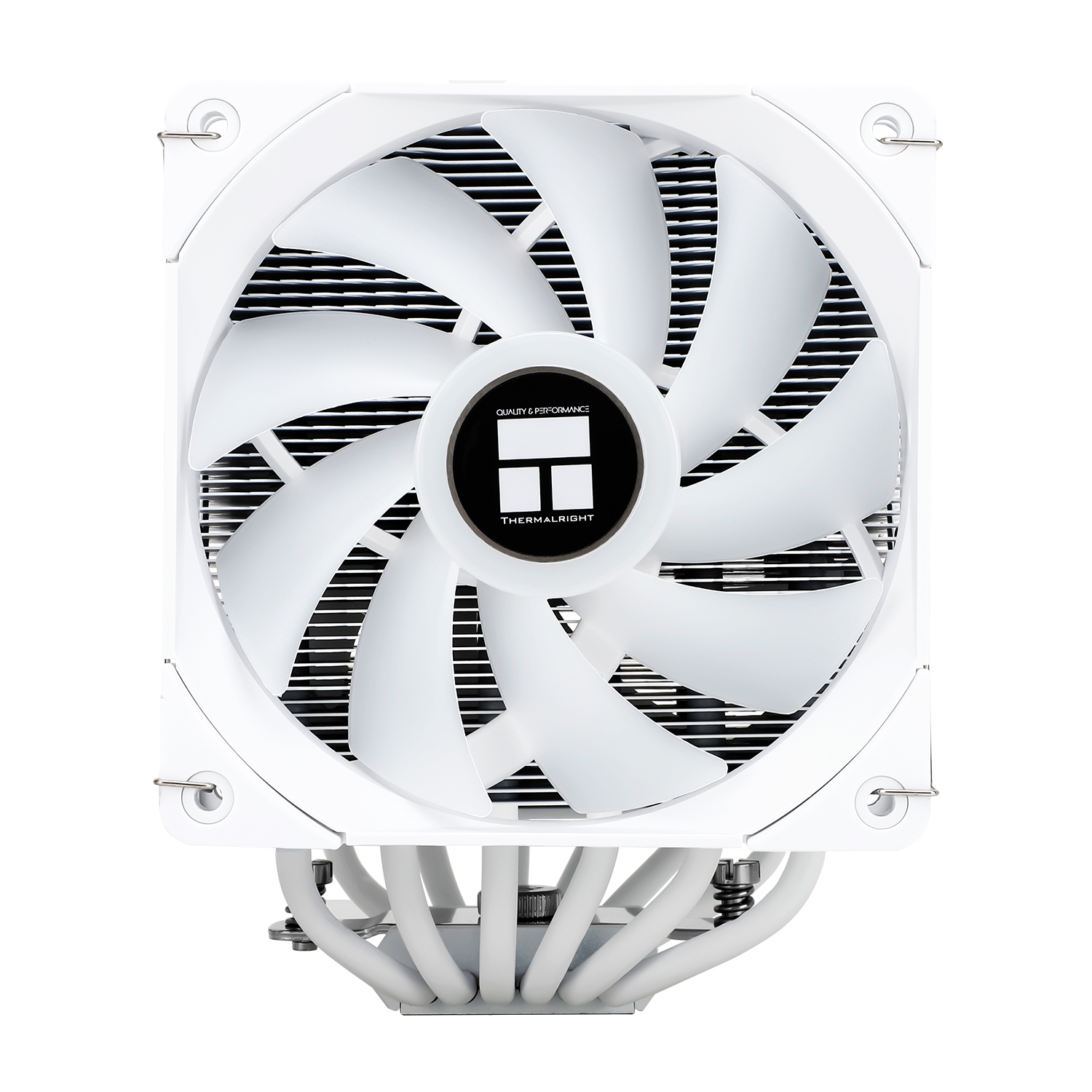 White CPU cooler fan. White blades and frame. THERMALRIGHT logo in the center. White background.