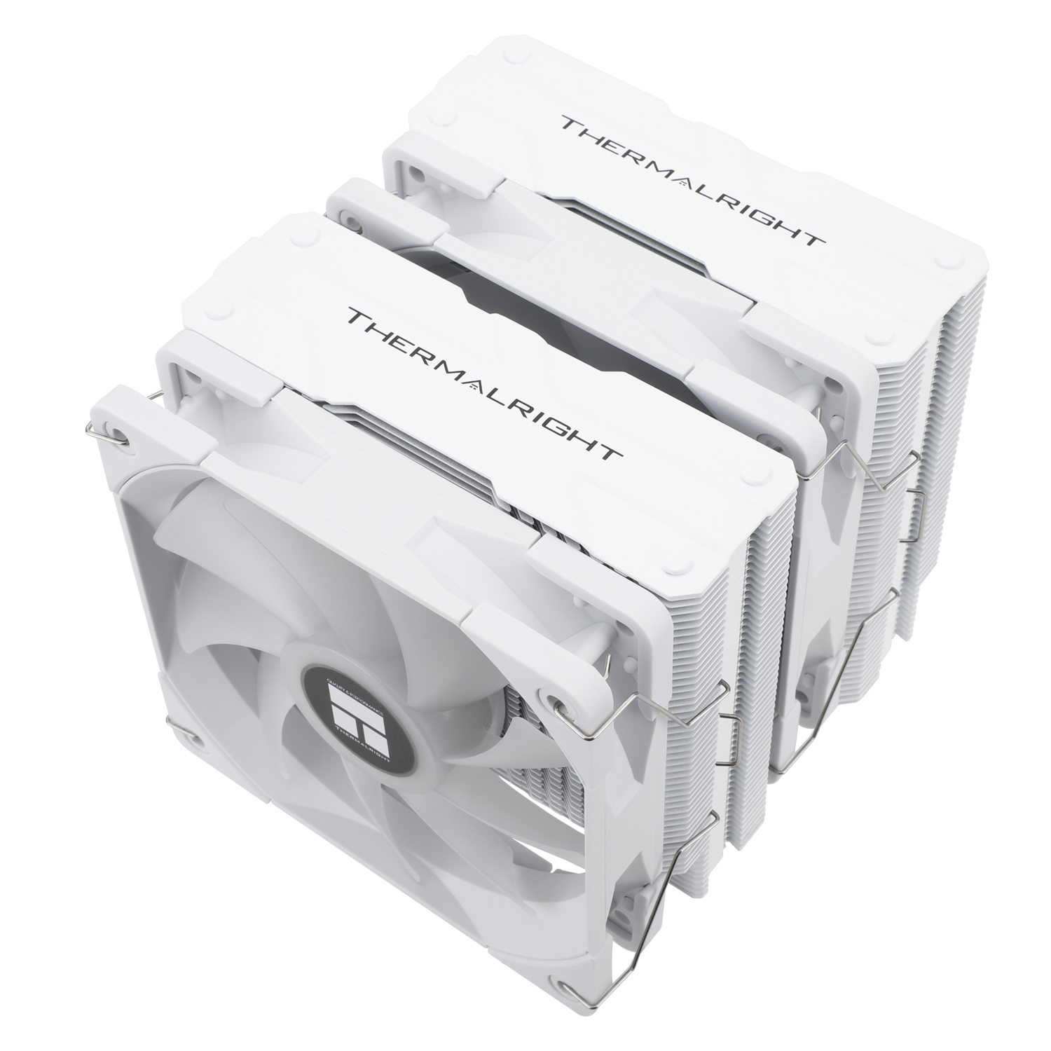 White CPU cooler, Thermalright brand name on top. Fan visible. White background.