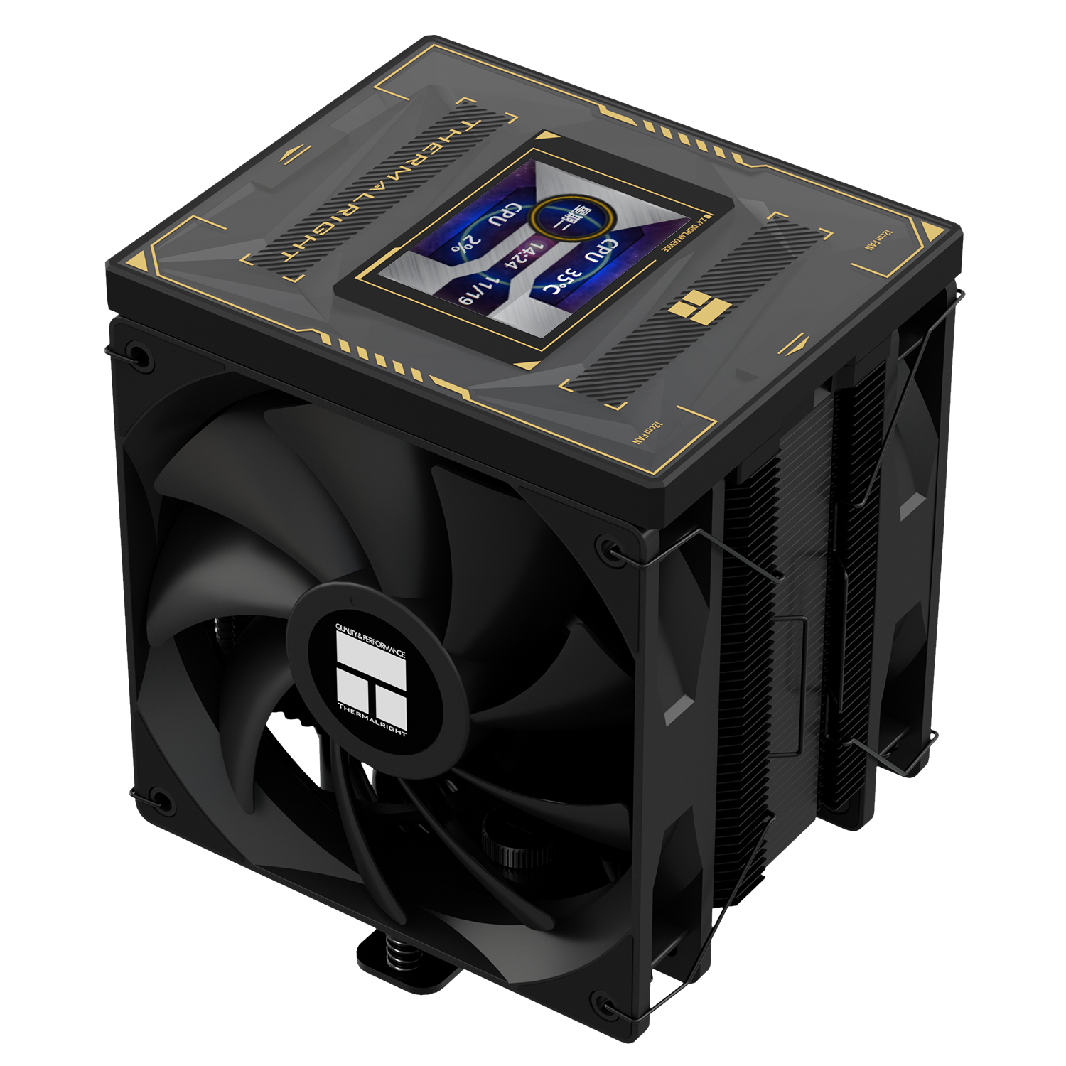 Dissipatore CPU nero. La parte superiore ha un display che mostra l'utilizzo della CPU. THERMALRIGHT e ventola. Nero.
