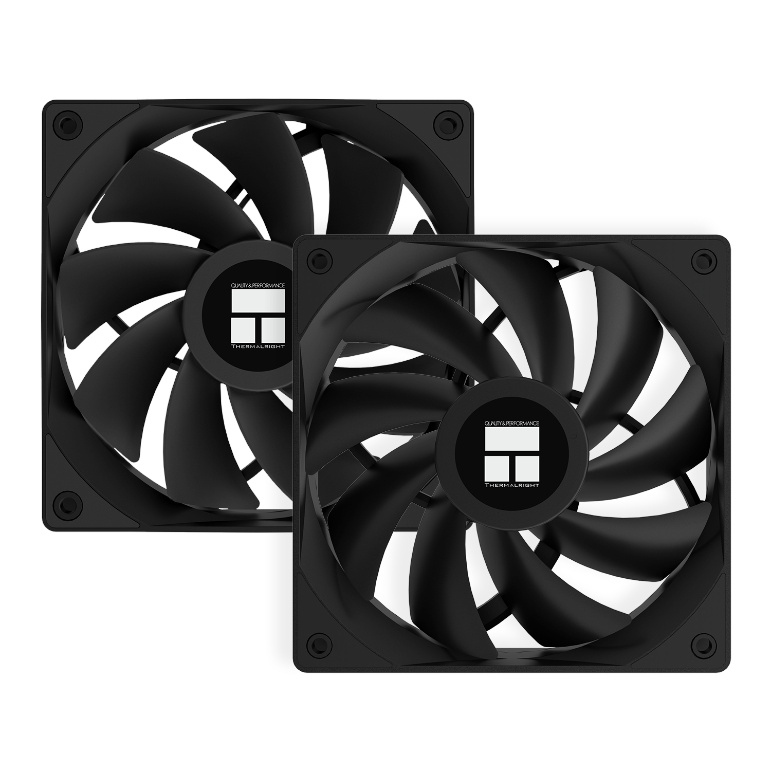 Due ventole per computer nere, forma quadrata. Logo Thermalright al centro. Sfondo bianco.