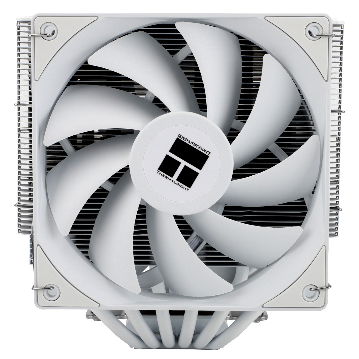 Ventola del dissipatore CPU bianca. Pale e telaio bianchi. Logo THERMALRIGHT al centro. Sfondo bianco.