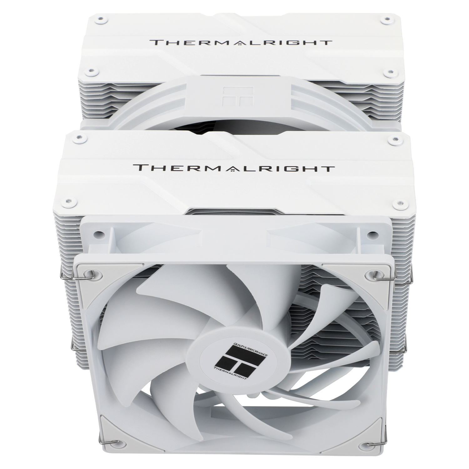 Dissipatore Thermalright bianco con tre strati e ventola RGB. La ventola ha un effetto arcobaleno.