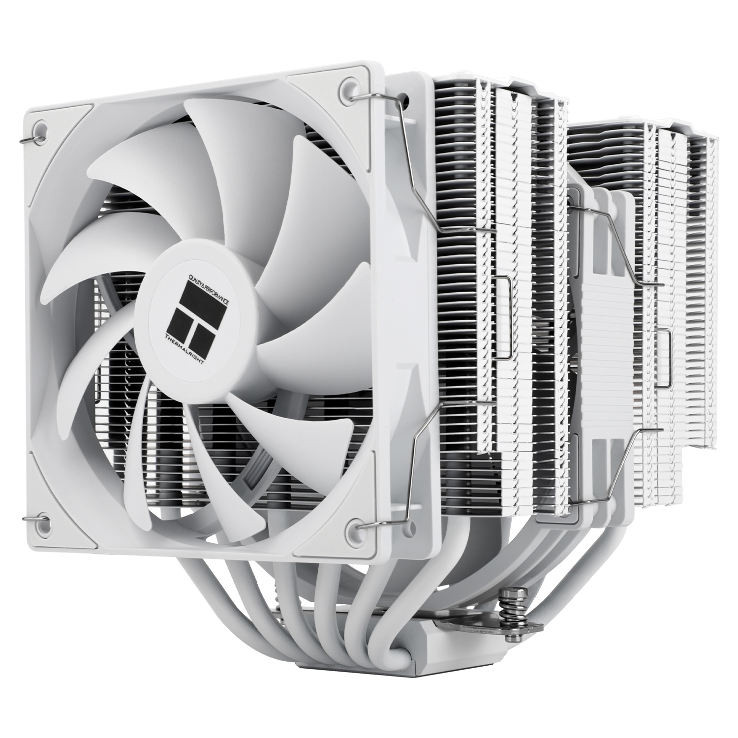 Ventola del dissipatore CPU bianca. Pale e telaio bianchi. Logo THERMALRIGHT al centro. Sfondo bianco.