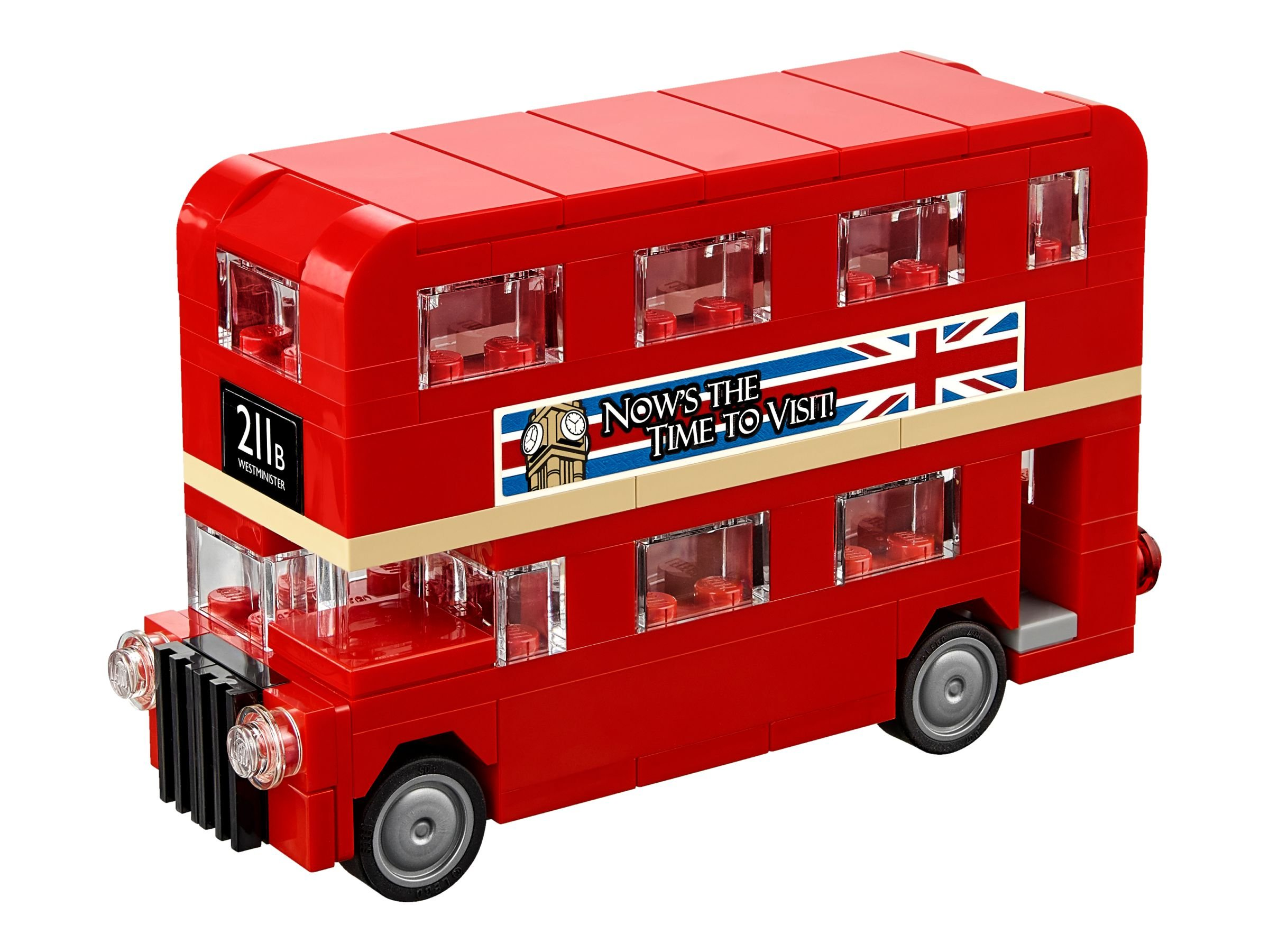 Rotes Lego-Doppeldeckerbus-Modell. Der Bus ist rot und hat Fenster. Weißer Hintergrund.