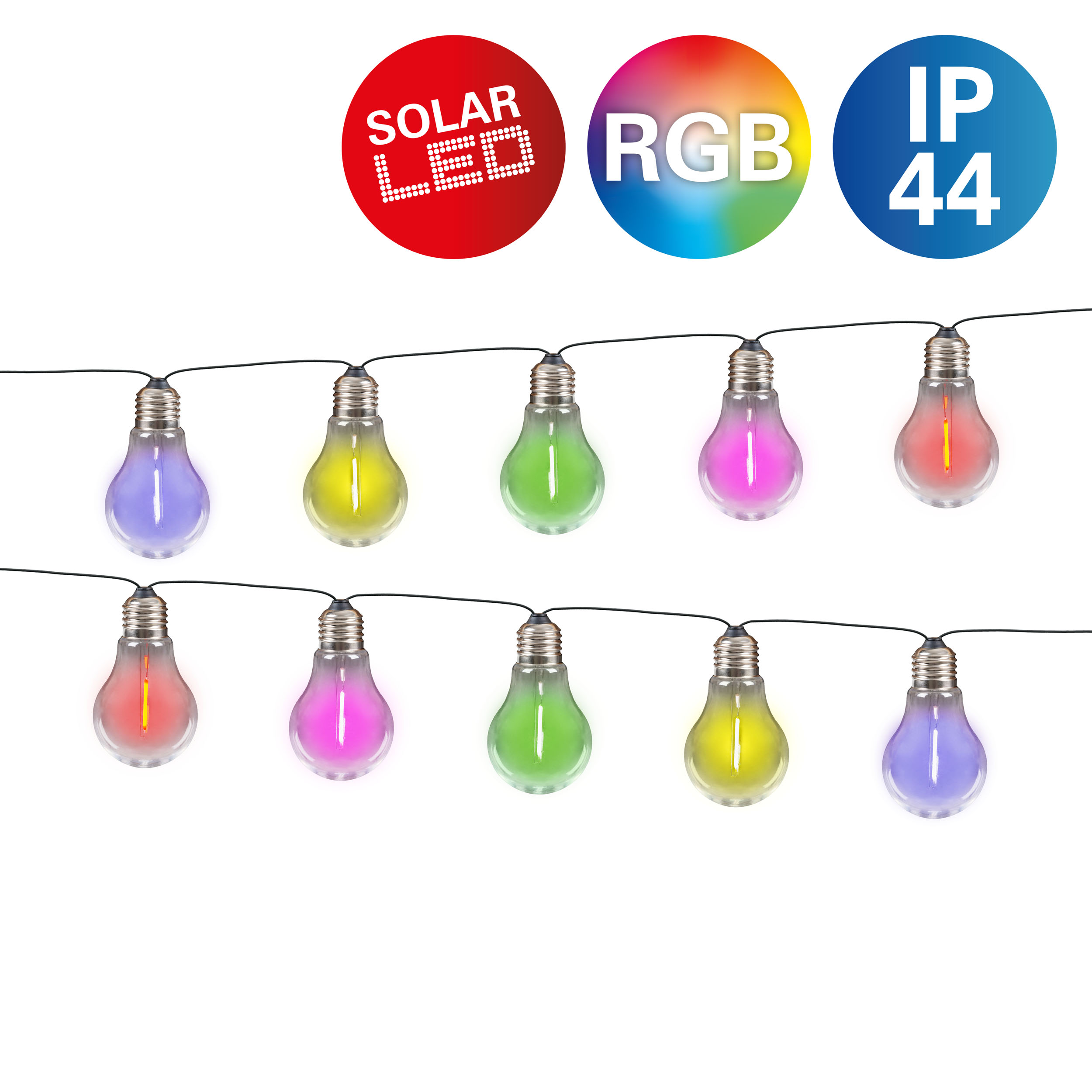 Kette bunter Solar-LED-Glühbirnen. Rote, grüne, gelbe, lila, blaue Birnen. Weißer Hintergrund.