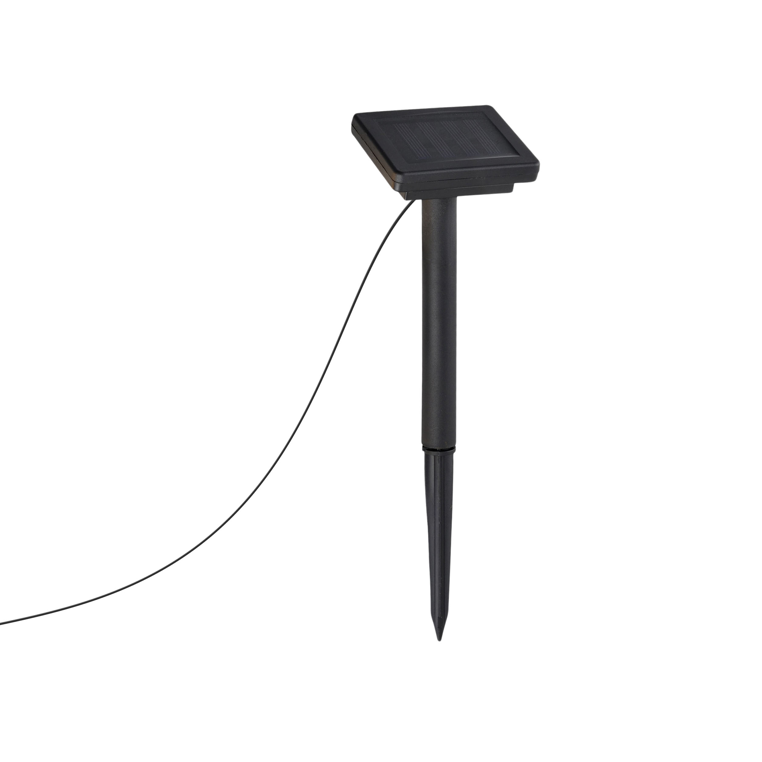 Schwarzer Solarpanel-Pfahl mit schwarzem Kabel. Weißer Hintergrund.