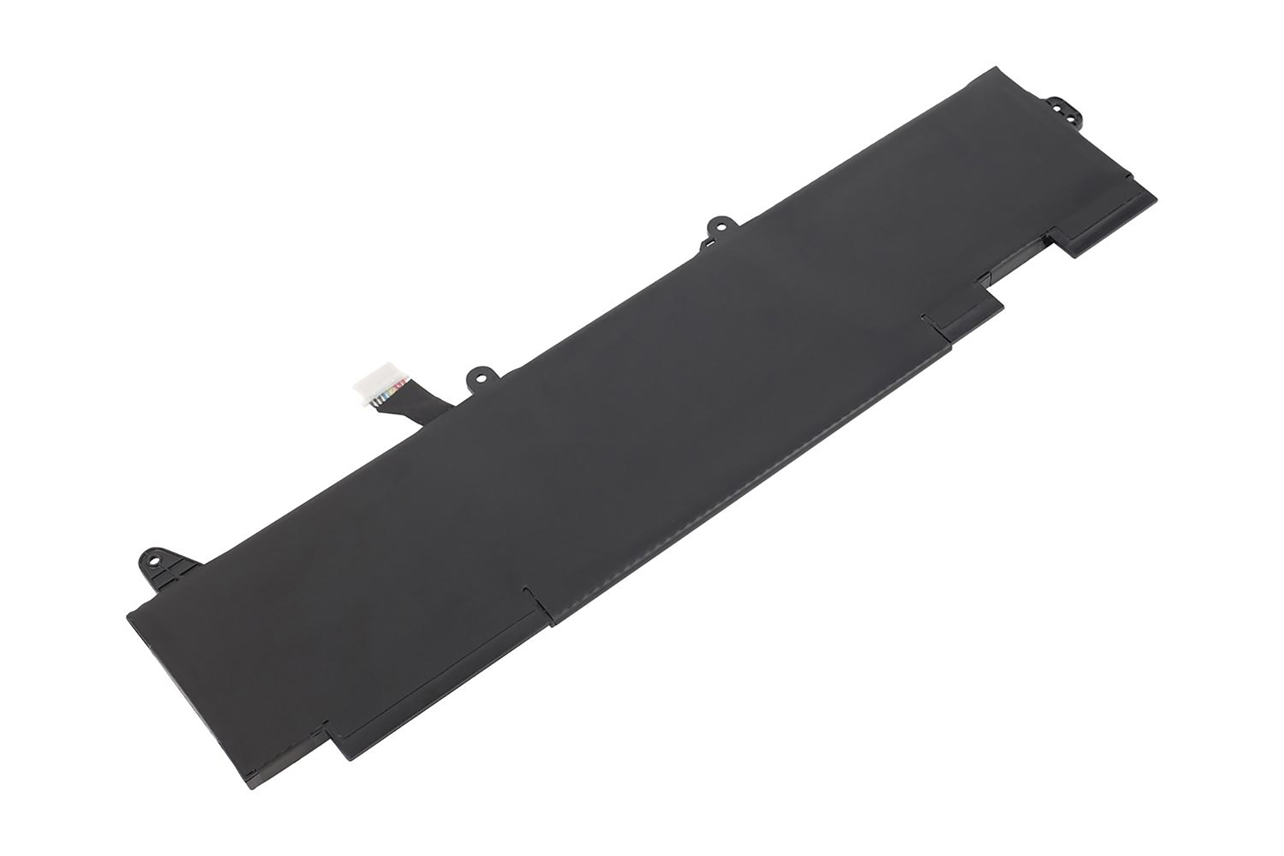 Schwarzer Laptop-Akku auf weißem Hintergrund. Er hat einen Stecker und Schraubenlöcher.