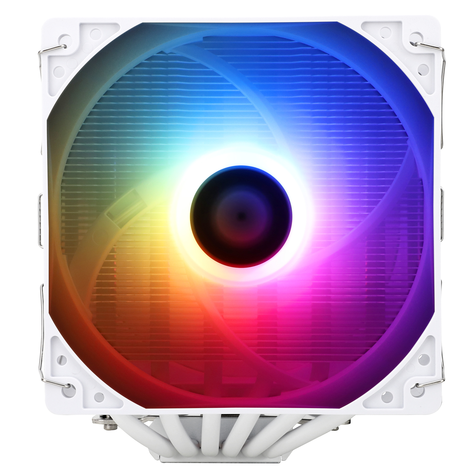 White CPU cooler with rainbow fan. Background is white.