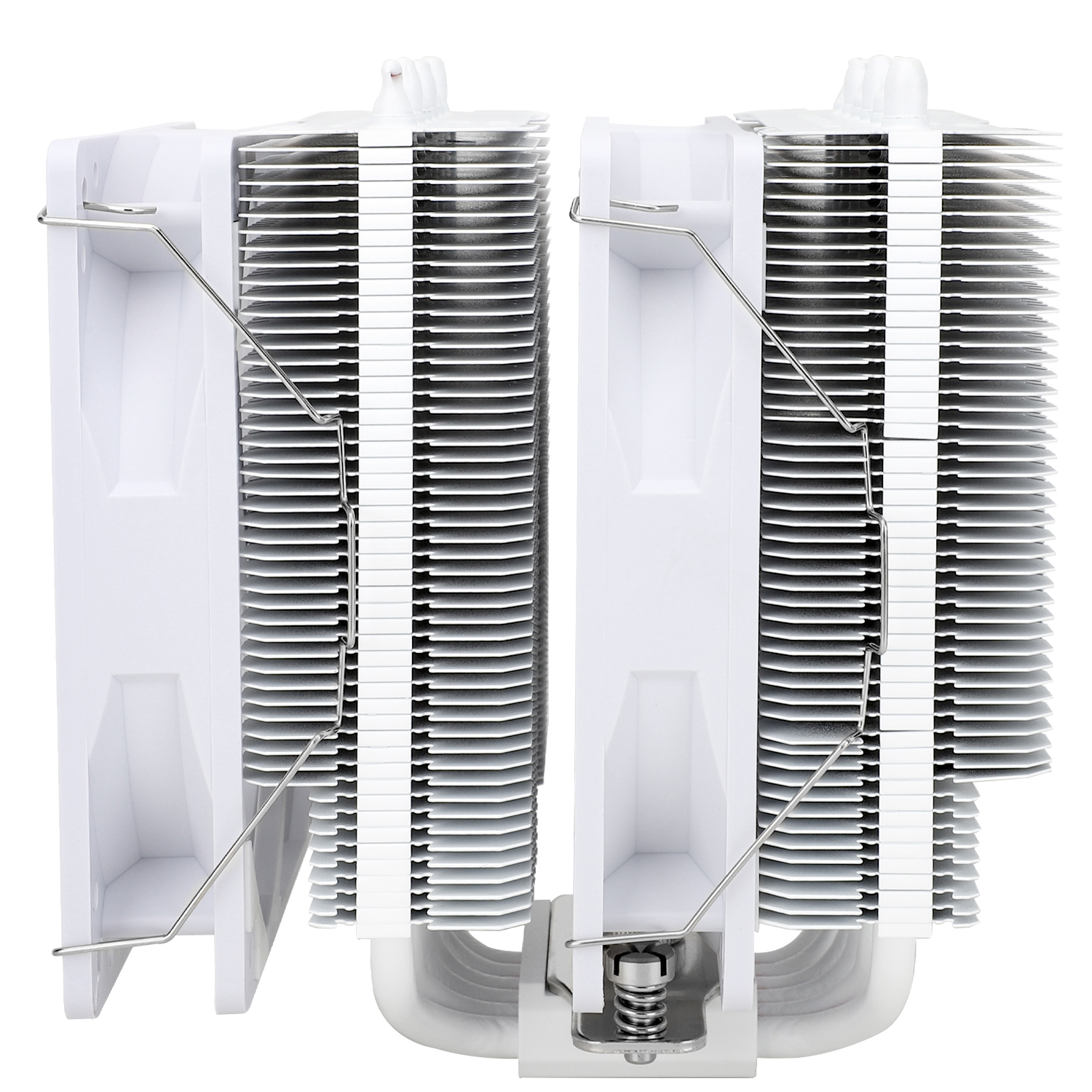 White CPU cooler with heat sinks and a metal bracket. The cooler has two fan mounts.