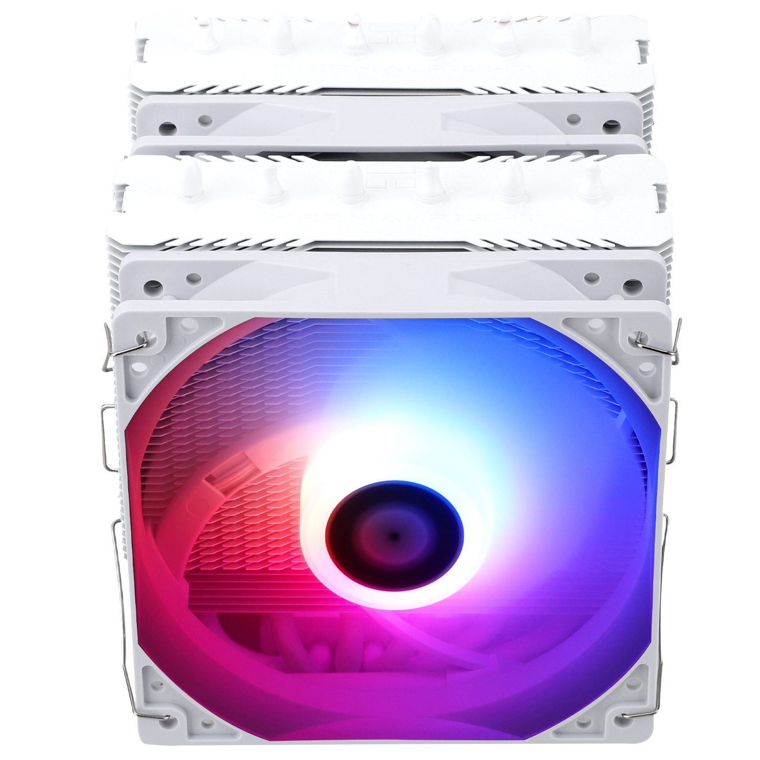 White CPU cooler with a fan showing blue and purple colors. The fan has a central black hub.