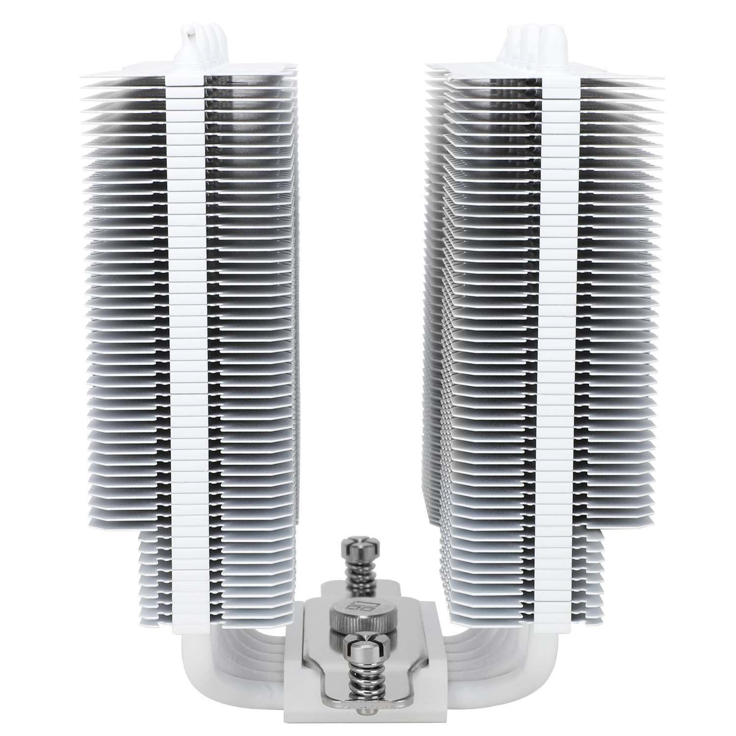 White CPU cooler with heat sinks and a metal bracket. The cooler has two fan mounts.