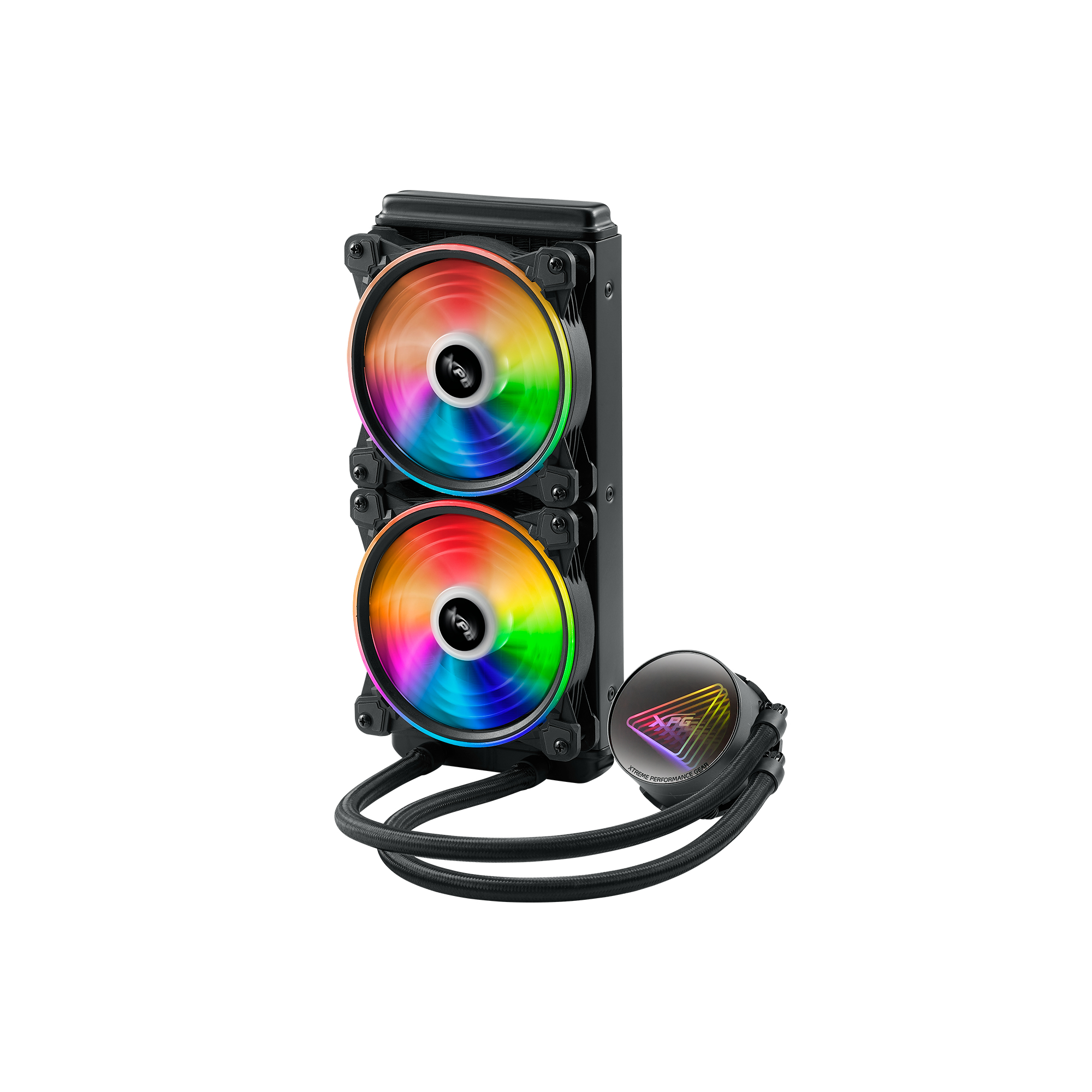 Un dissipatore a liquido nero con due ventole. Sono visibili pale della ventola color arcobaleno e tubi neri.