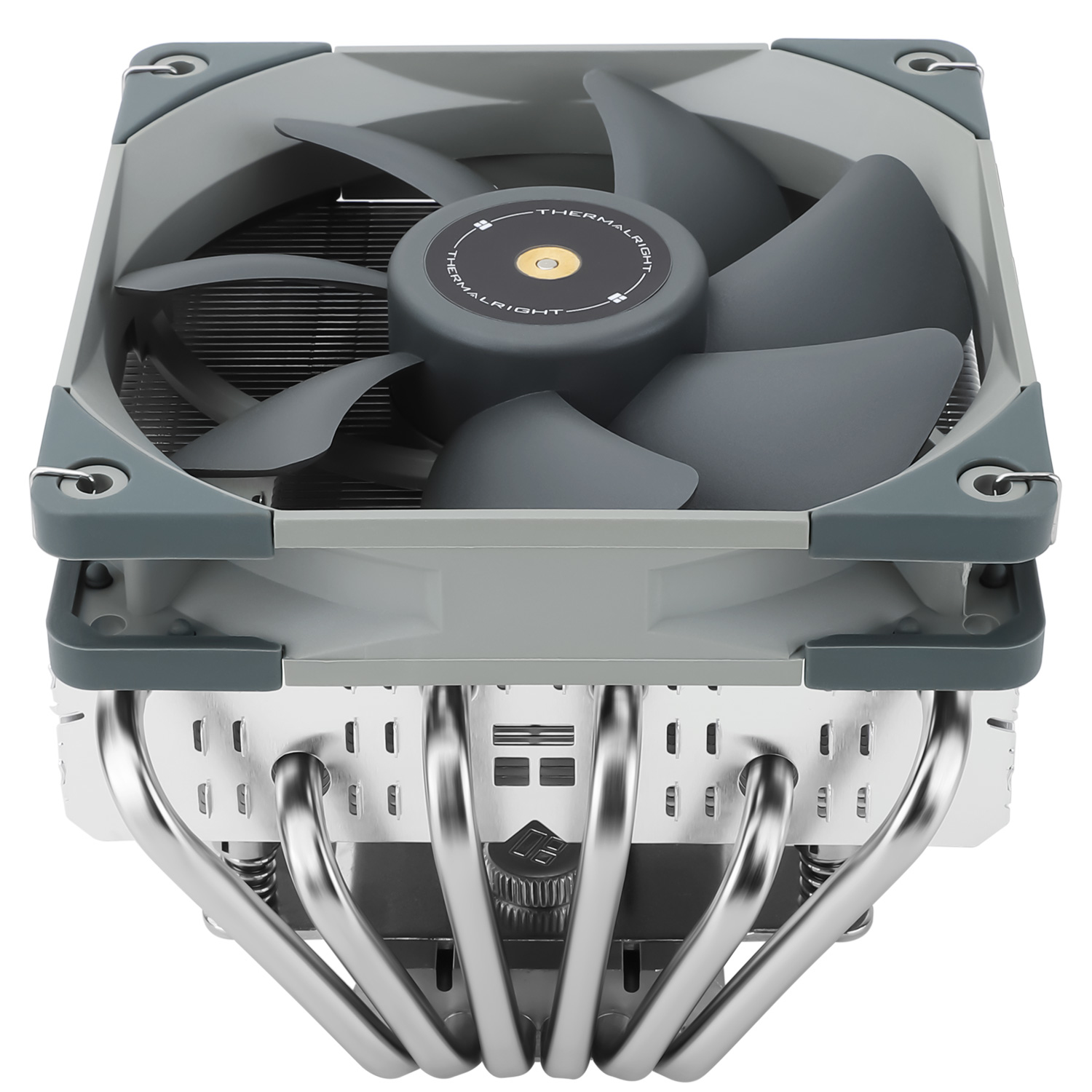 Gri fanlı ve beyaz kanatlı CPU soğutucusu. Metalik borular görülebilir.