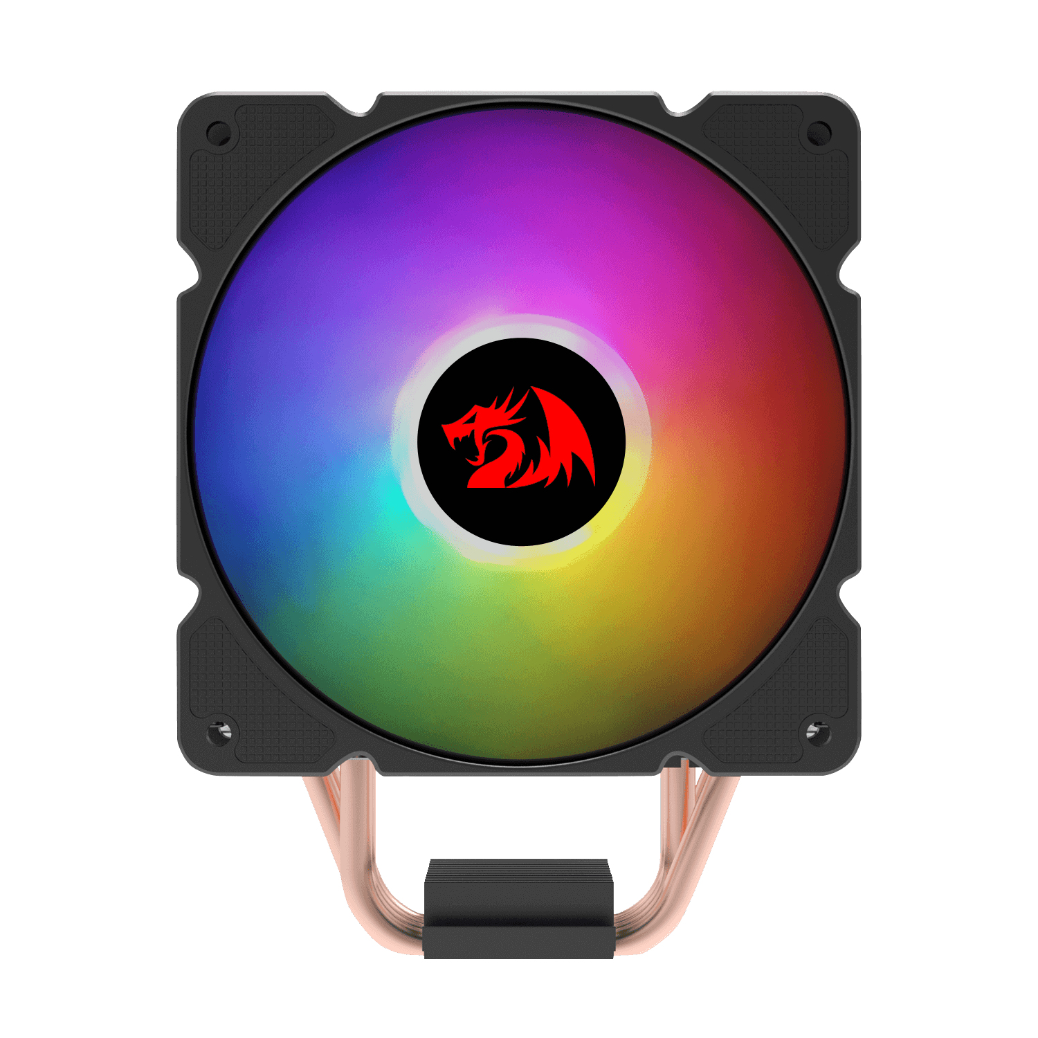 Ventilador de CPU RGB con logotipo de dragón rojo, tubos de calor de cobre y marco negro, primer plano.