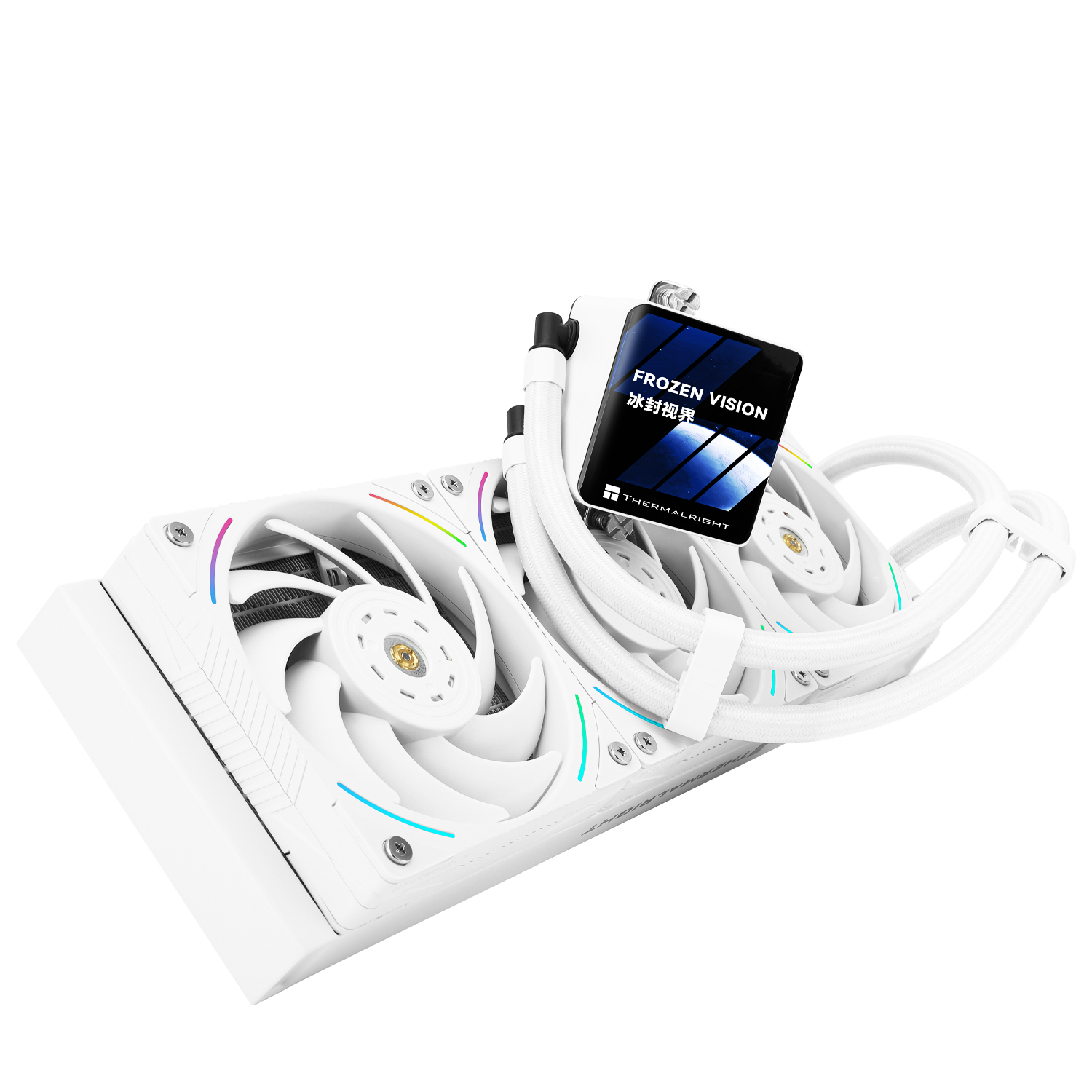 Enfriador blanco con dos ventiladores y una pantalla con "FROZEN VISION". La marca es THERMALRIGHT.