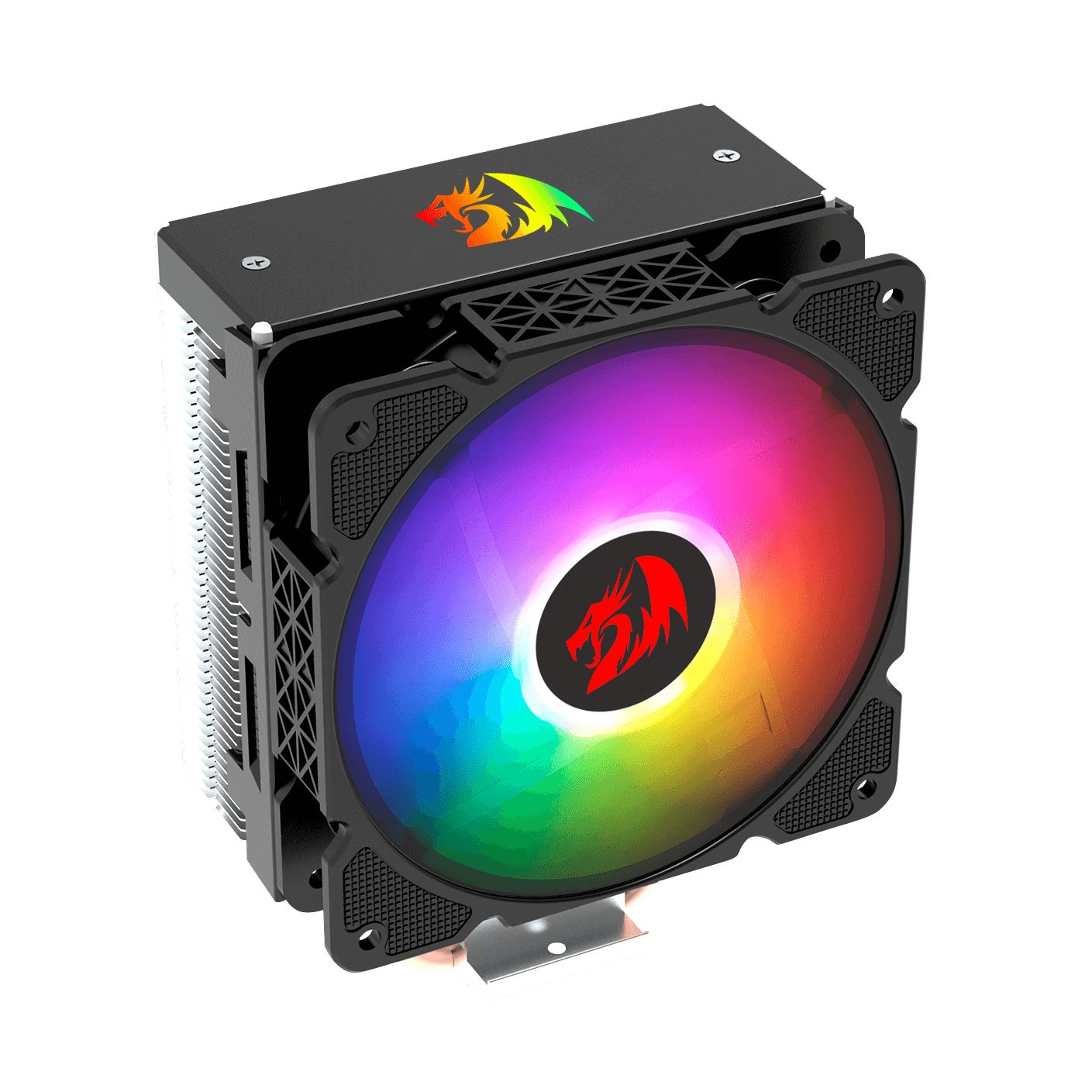 Enfriador de CPU negro con ventilador RGB y logotipo de dragón, marco negro, sobre fondo blanco, vista en ángulo.