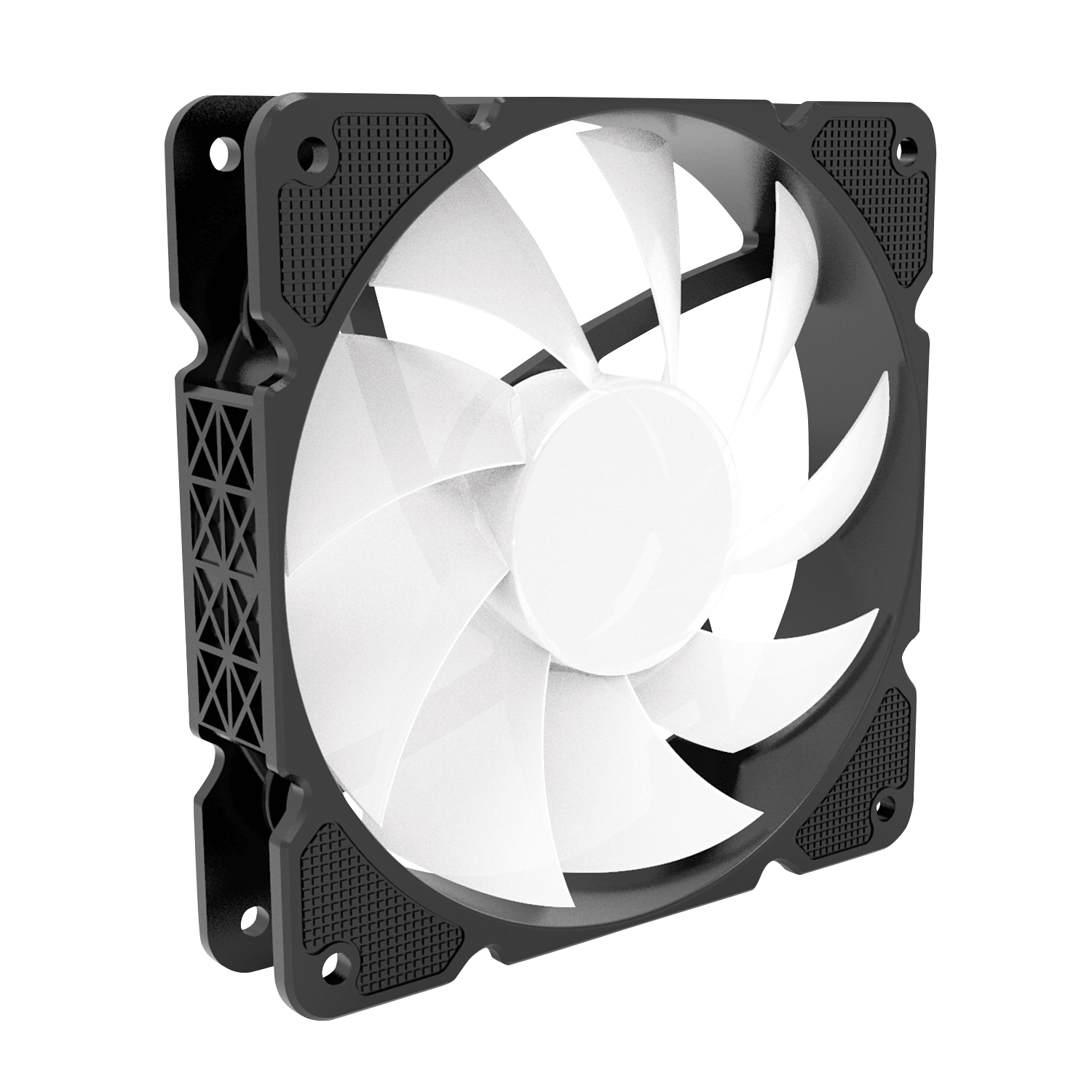 Ventilador negro con aspas blancas, marco negro. Fondo blanco.