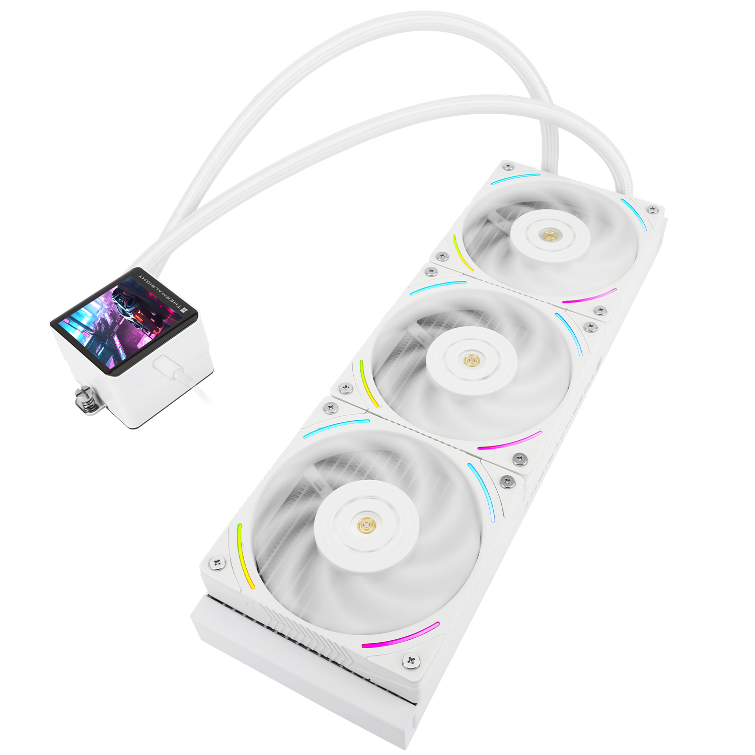 Enfriador de computadora blanco con tres ventiladores y una pantalla mostrando datos. THERMALRIGHT.