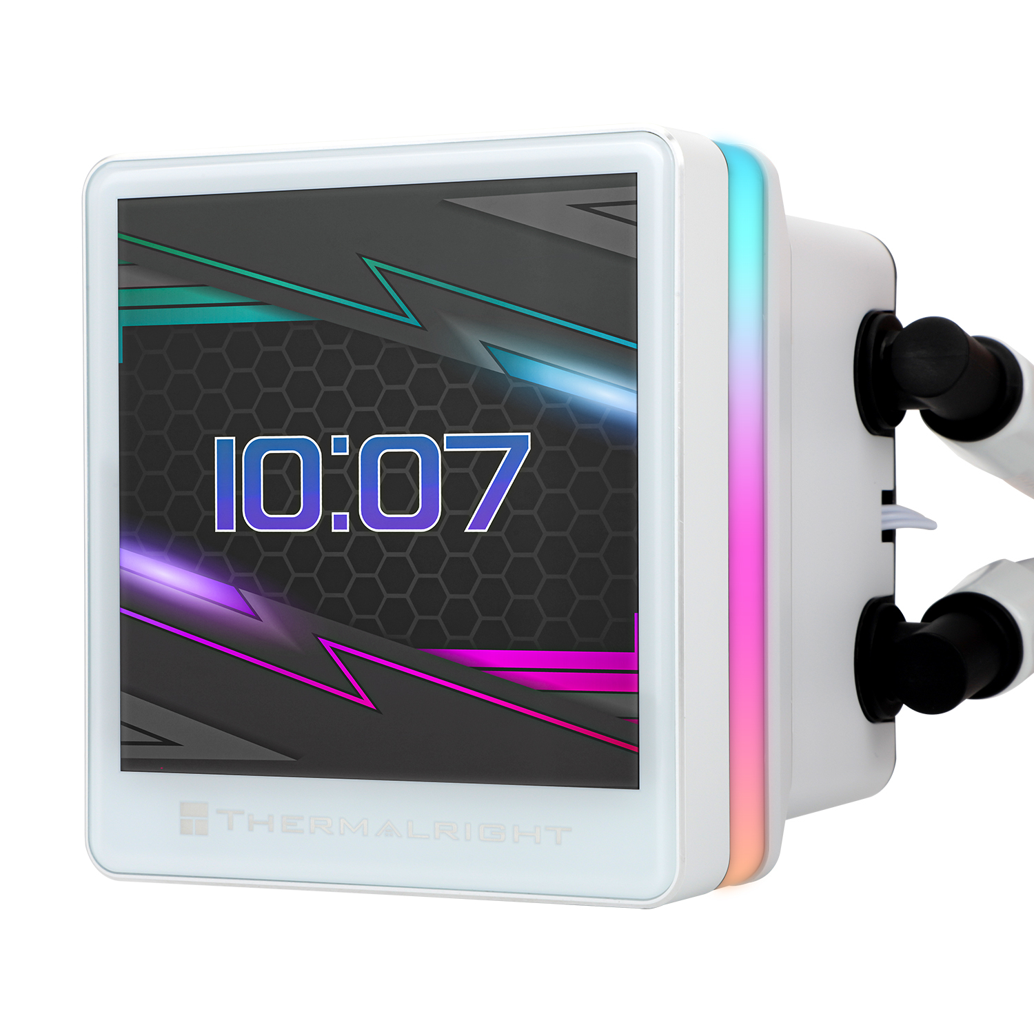 Enfriador de computadora blanco con pantalla que muestra 10:07. Tiene luces RGB y la marca THERMALRIGHT.