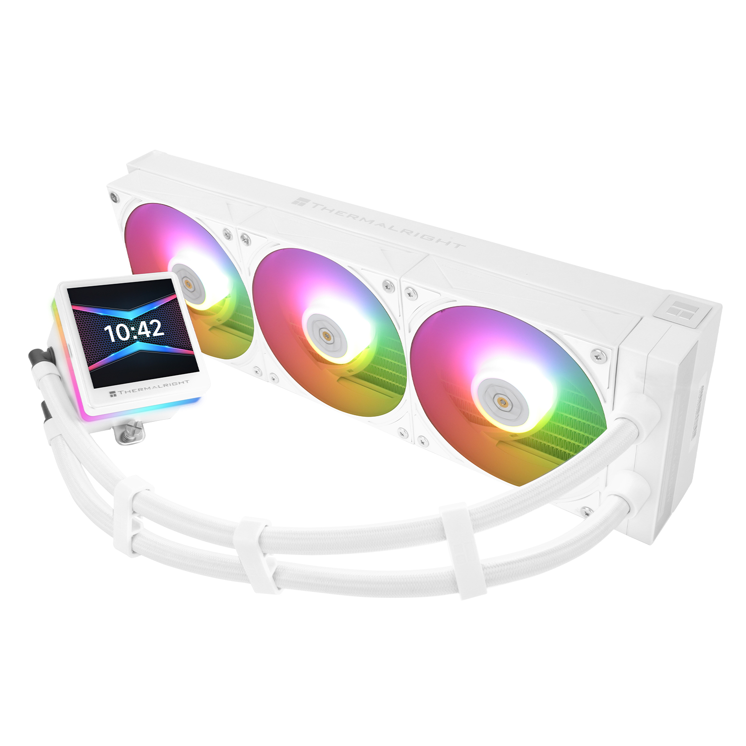 Enfriador de computadora blanco con tres ventiladores RGB. Tiene una pantalla con 10:42 y THERMALRIGHT.