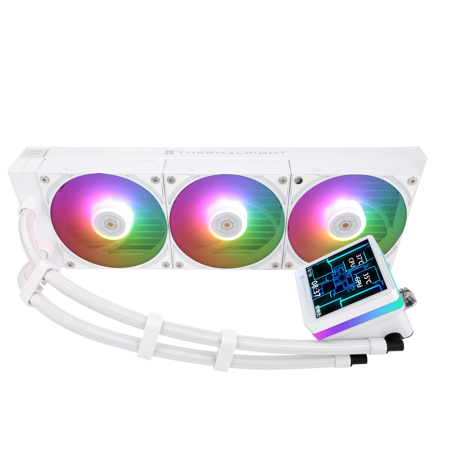 Enfriador de computadora blanco con tres ventiladores RGB. Tiene una pantalla que muestra 06:37.