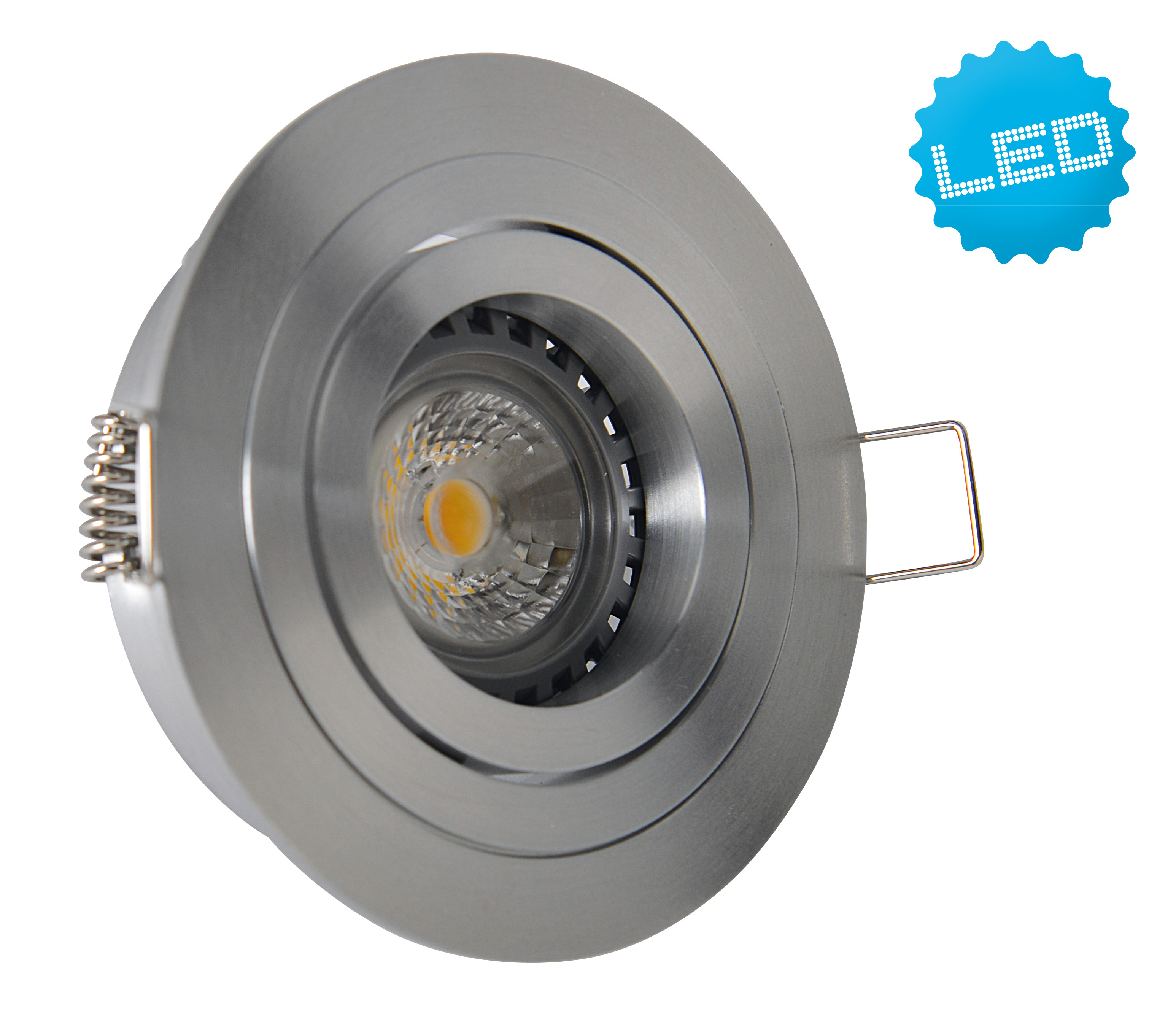 Silberne LED-Einbauleuchte. Nahaufnahme. Weißer Hintergrund.