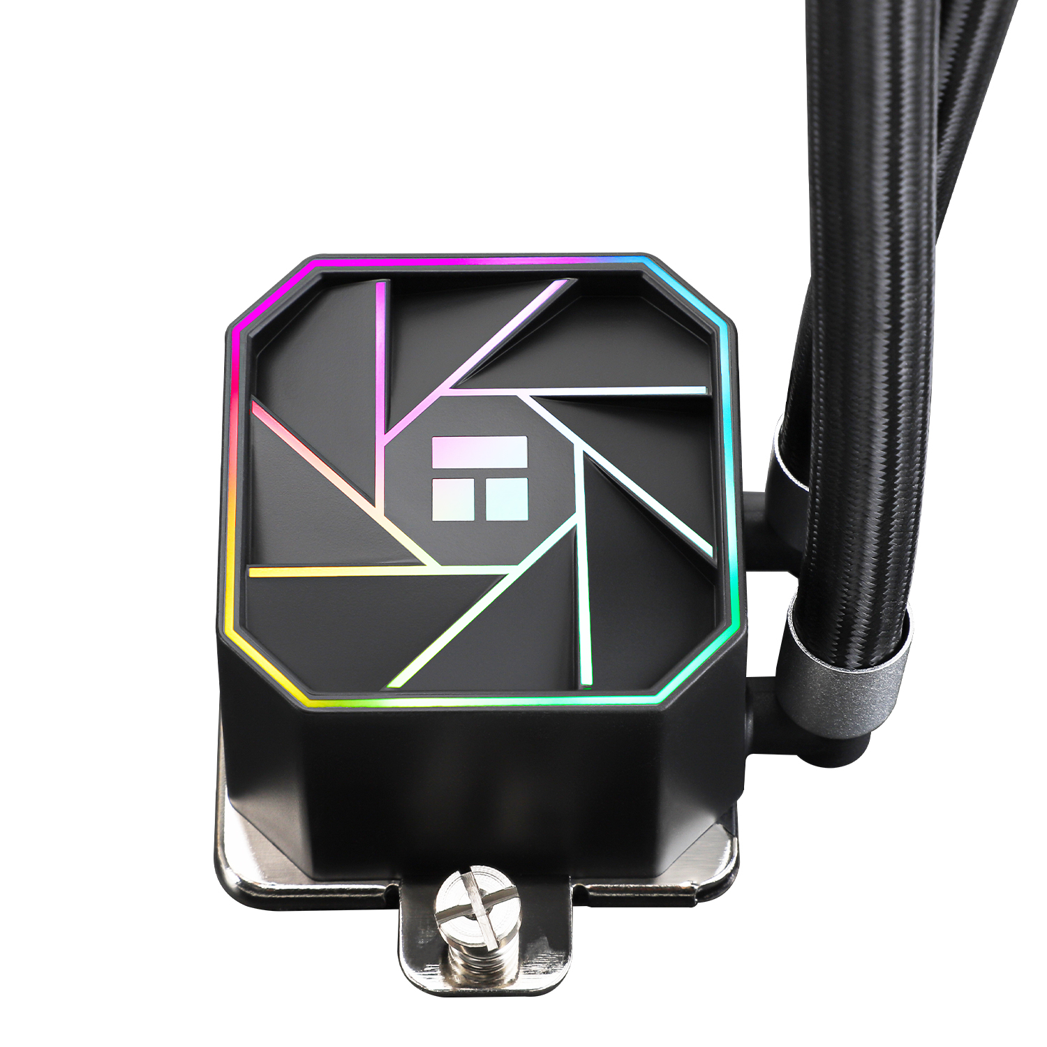 Computercomponent met een zwarte bovenkant en RGB-verlichting. Witte achtergrond.