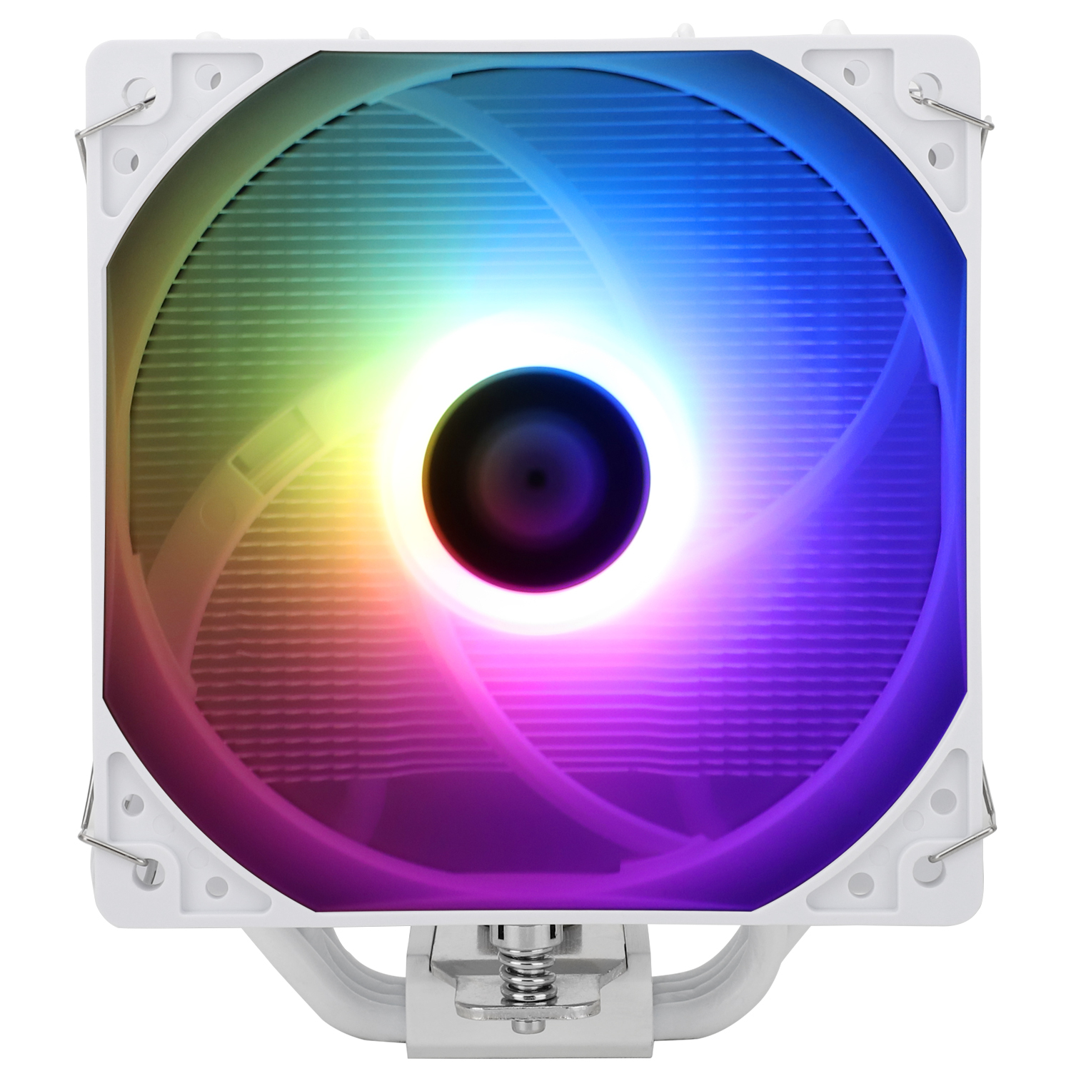 Computerlüfter mit weißem Rahmen und farbenfroher RGB-Beleuchtung, von vorne betrachtet.
