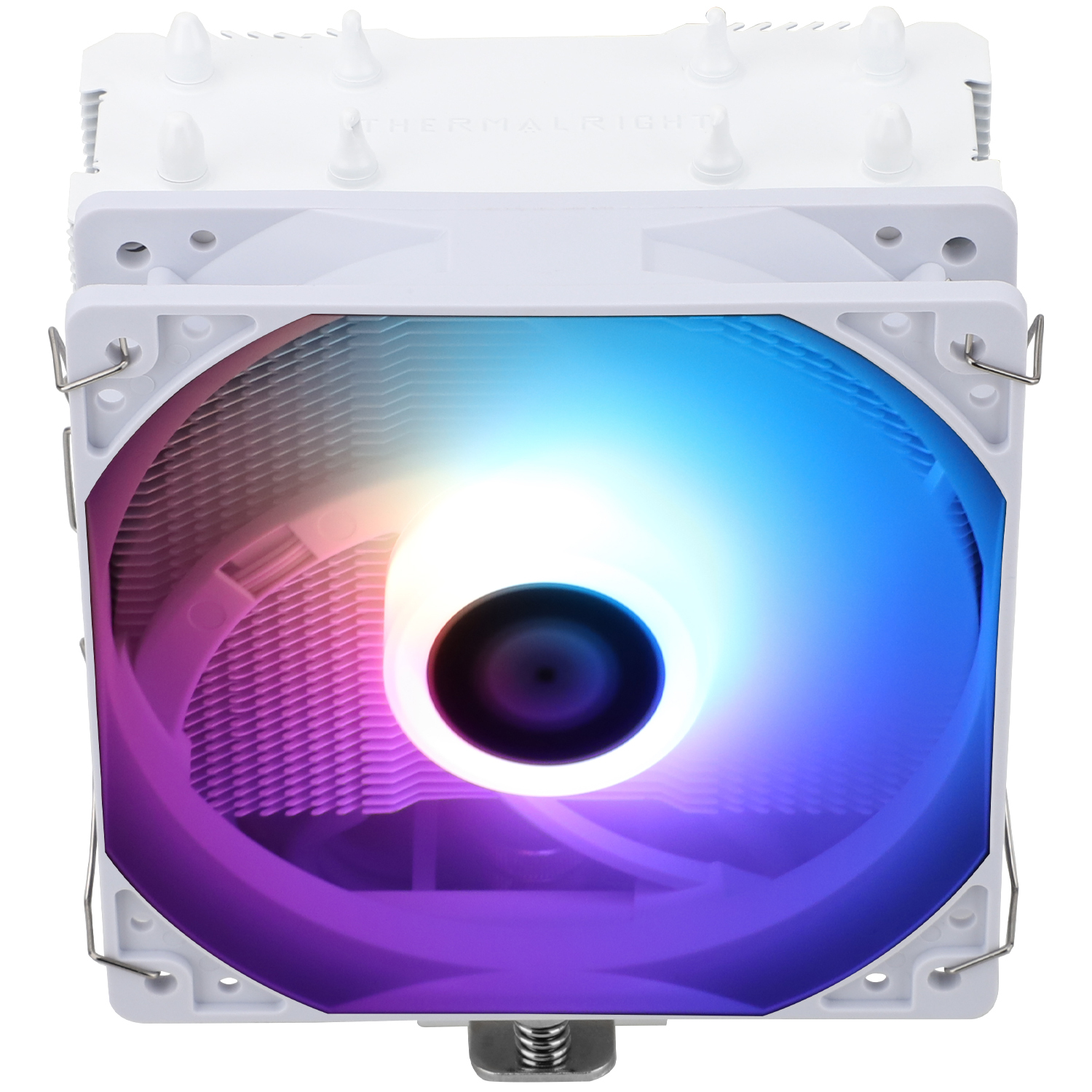 Weißer Computerkühler mit RGB-Beleuchtung und Draufsicht, zeigt Lüfter und Kühlrippen.