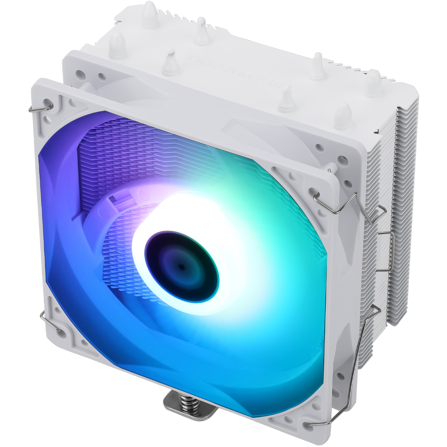 Weißer Computerkühler mit RGB-Beleuchtung, von oben betrachtet, zeigt Lüfter und Kühlrippen.