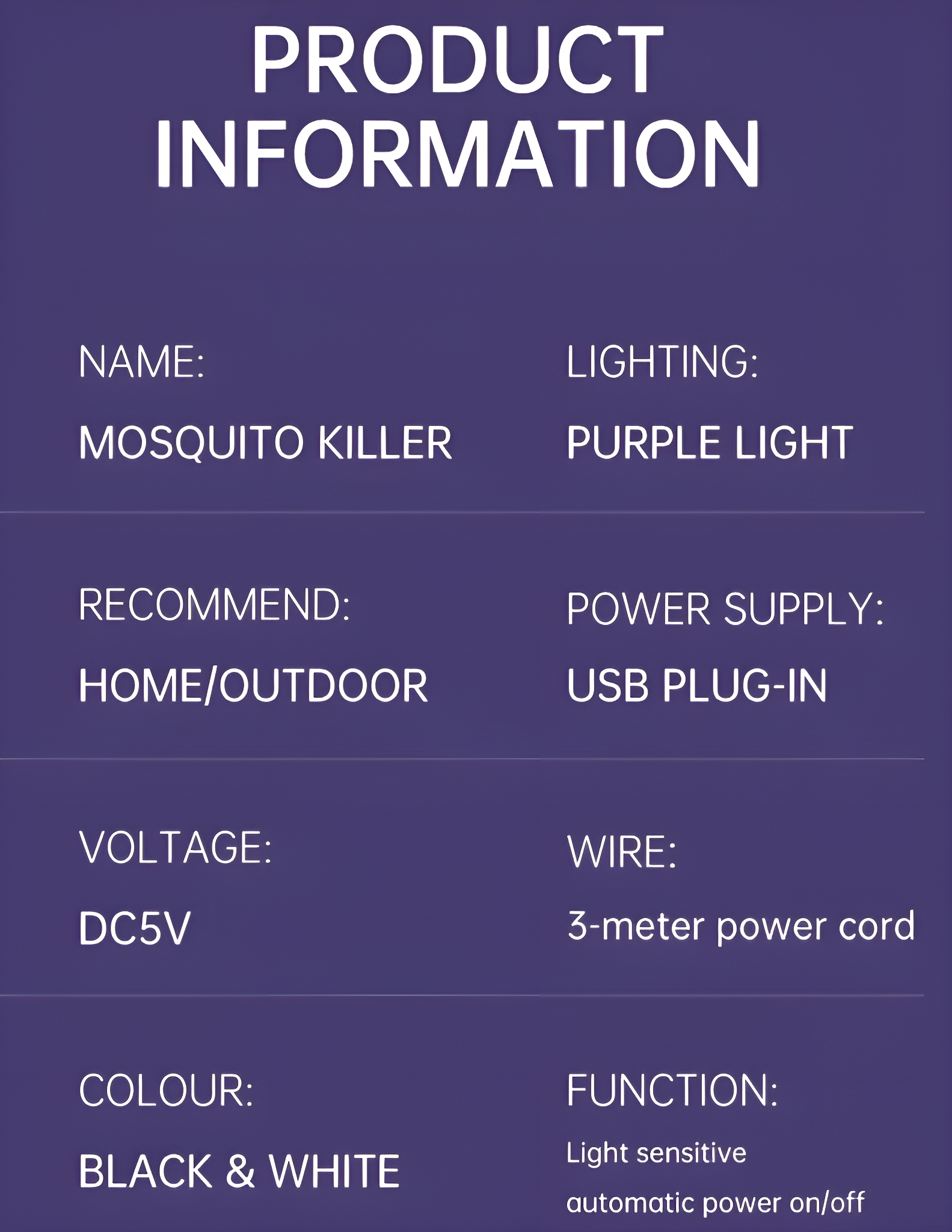 Produktinformationen: Moskitokiller mit lila Licht, USB-Stecker, schwarz und weiß.