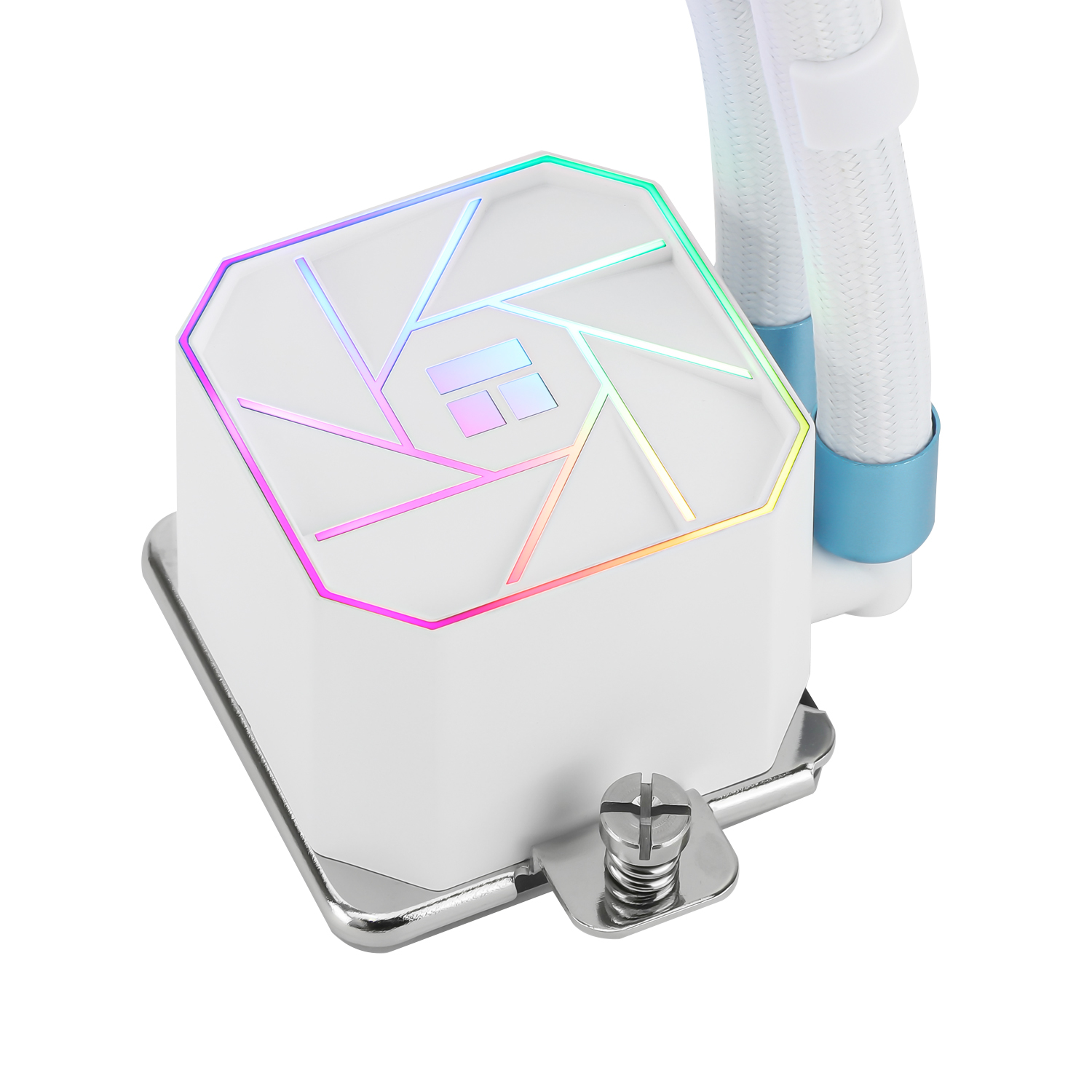 Weiße Computer-Kühlkomponente mit RGB-Beleuchtung oben und silberner Basis.