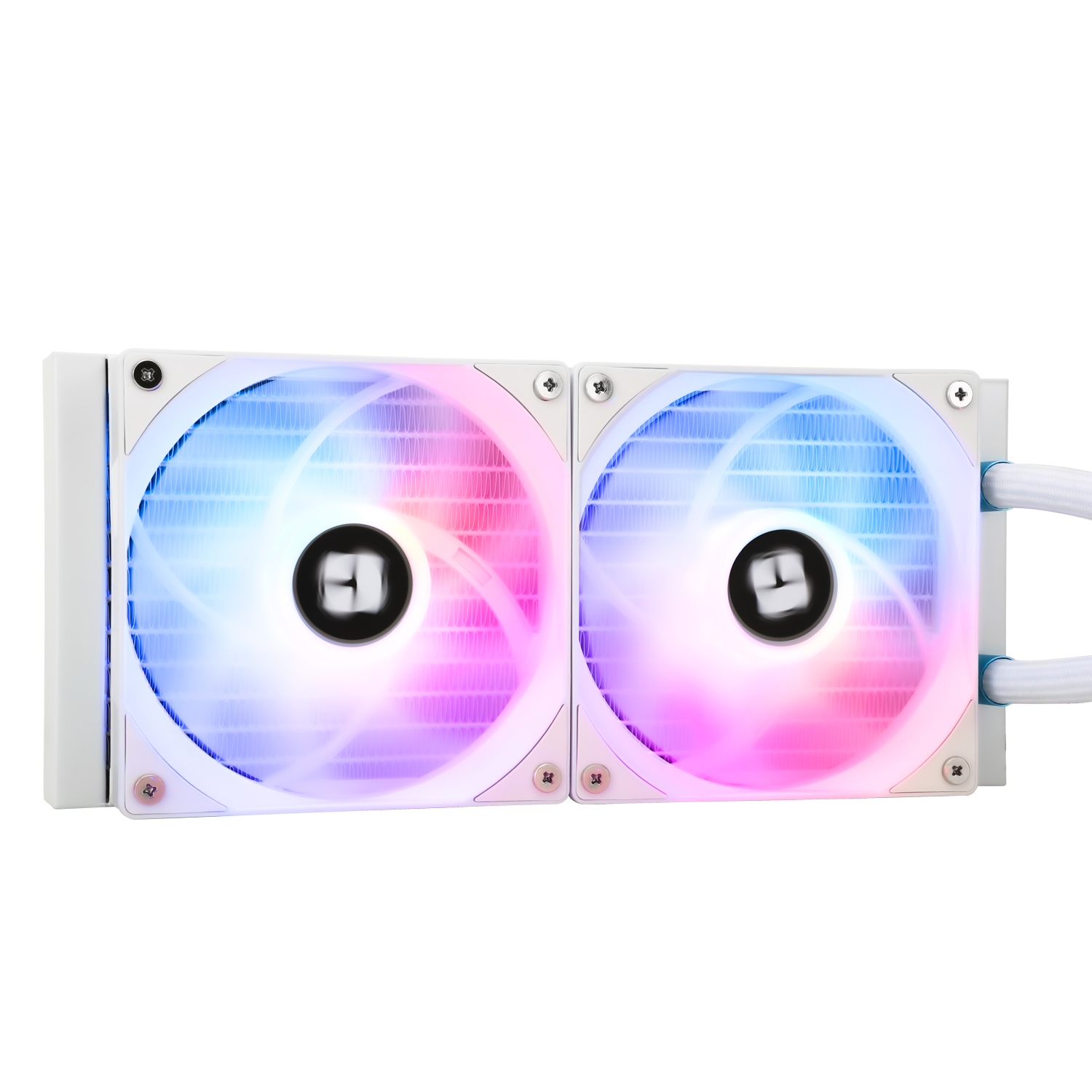 Weißes Computer-Wasserkühlsystem mit zwei Lüftern. Jeder Lüfter hat farbenfrohe Lichter.