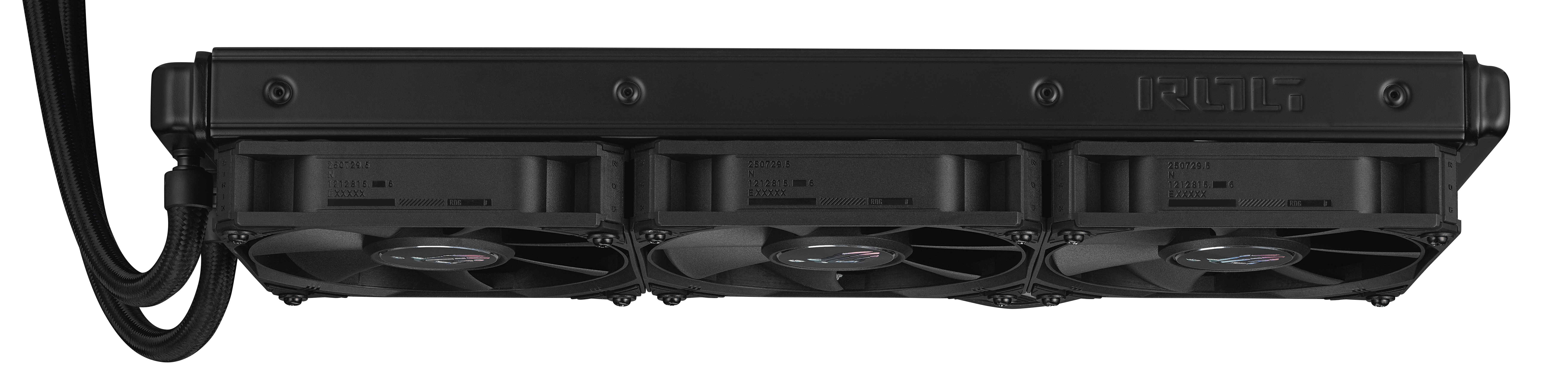 Close-up of a computer cooling system with three fans, black in color.