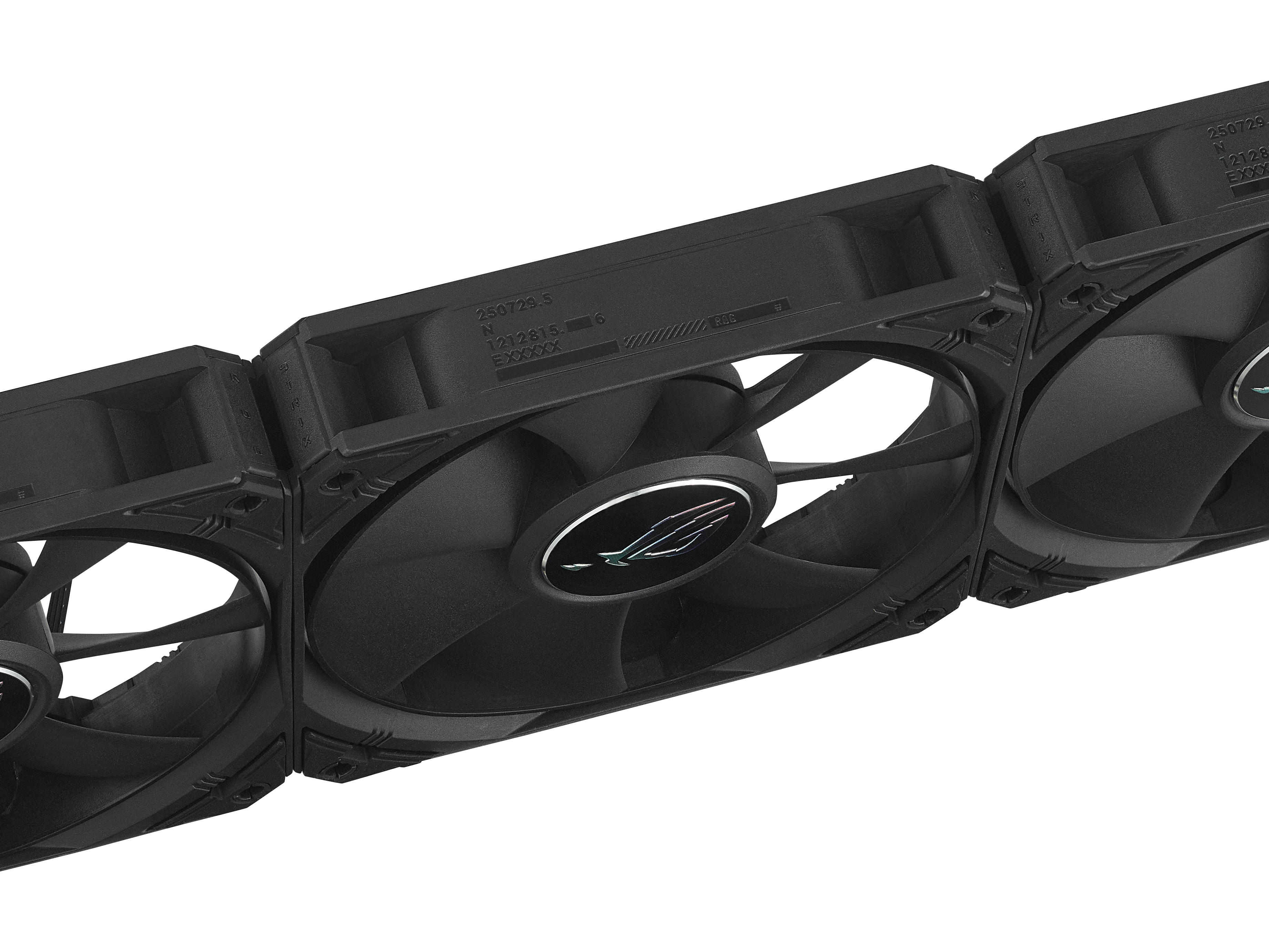 Three black computer fans in a row. Each fan has a central logo, and a square frame. White background.