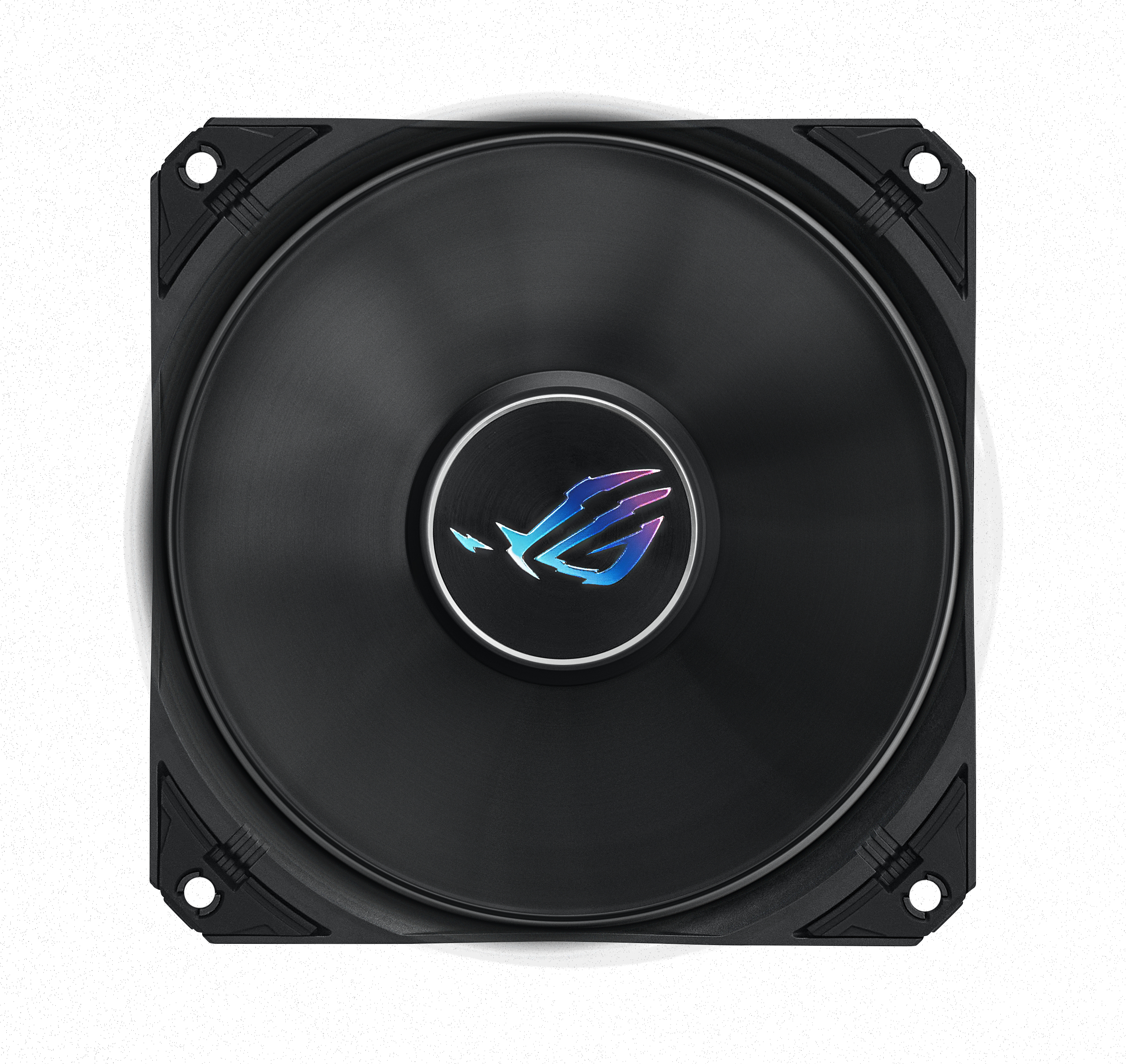 Black computer fan with a central logo. Fan has a circular center, surrounded by a square frame. White background.