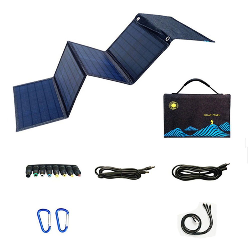 Ein faltbares Solarpanel mit Zubehör, einschließlich Kabeln und Adaptern, auf einer weißen Oberfläche.