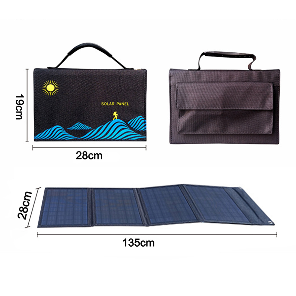 Faltbares Solarpanel mit Abmessungen in cm. Zeigt Paneele und eine Tragetasche mit Griff.