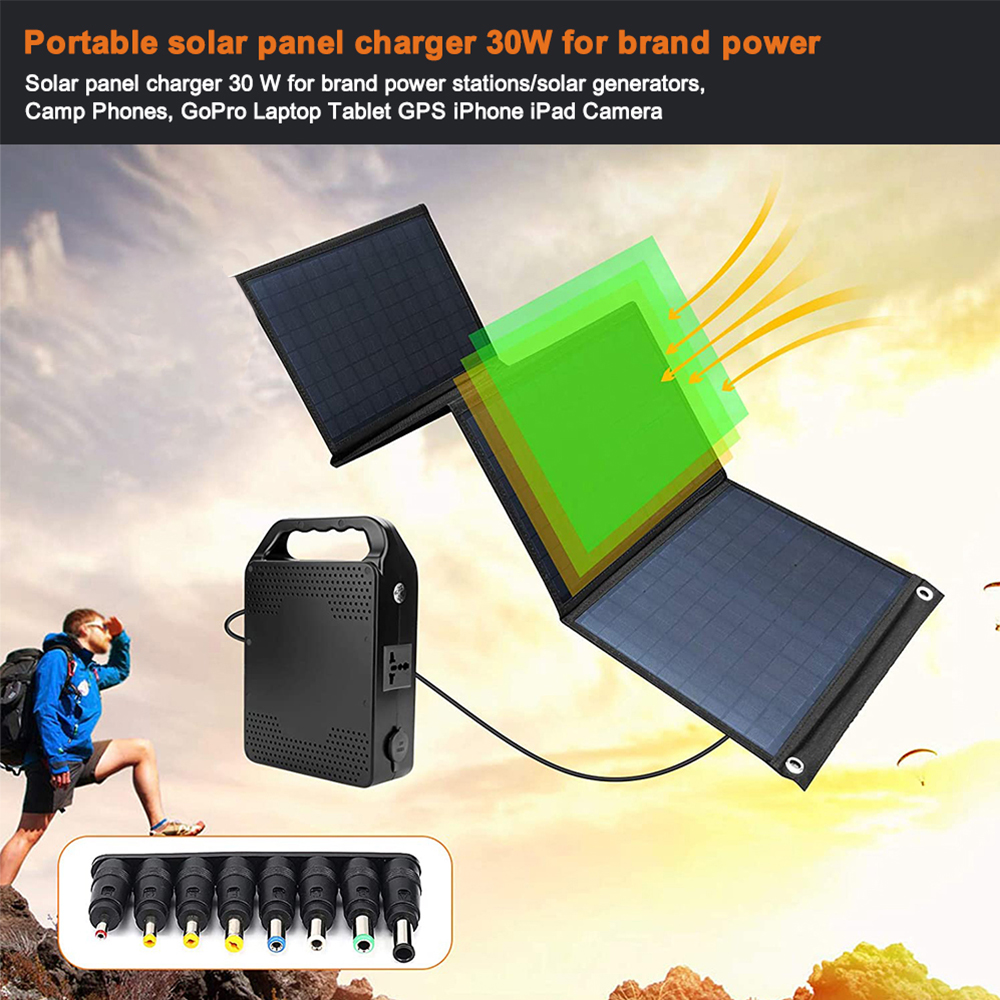 Solarpanel-Ladegerät mit Zubehör. Ein Mann schaut nach oben. Der Hintergrund ist ein Gelb- bis Orange-Farbverlauf.