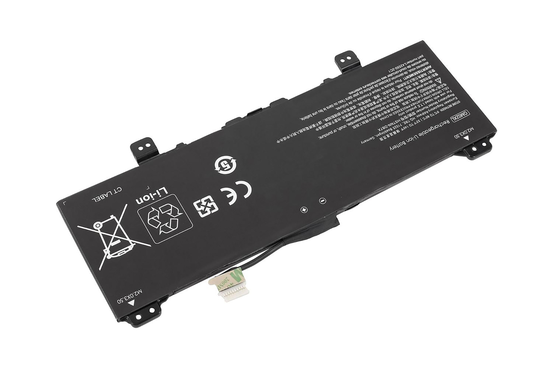 Schwarzer Laptop-Akku mit Etiketten und Anschlüssen. Weißer Hintergrund. Textetiketten sind auf dem Akku sichtbar.