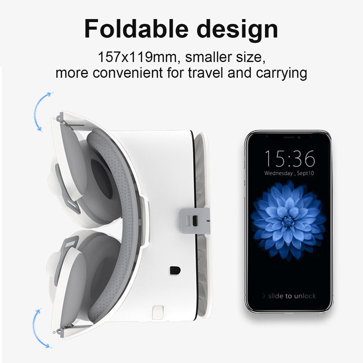 Faltbares VR-Headset neben einem Smartphone, das ein blaues Blumenbild auf weißem Hintergrund zeigt.