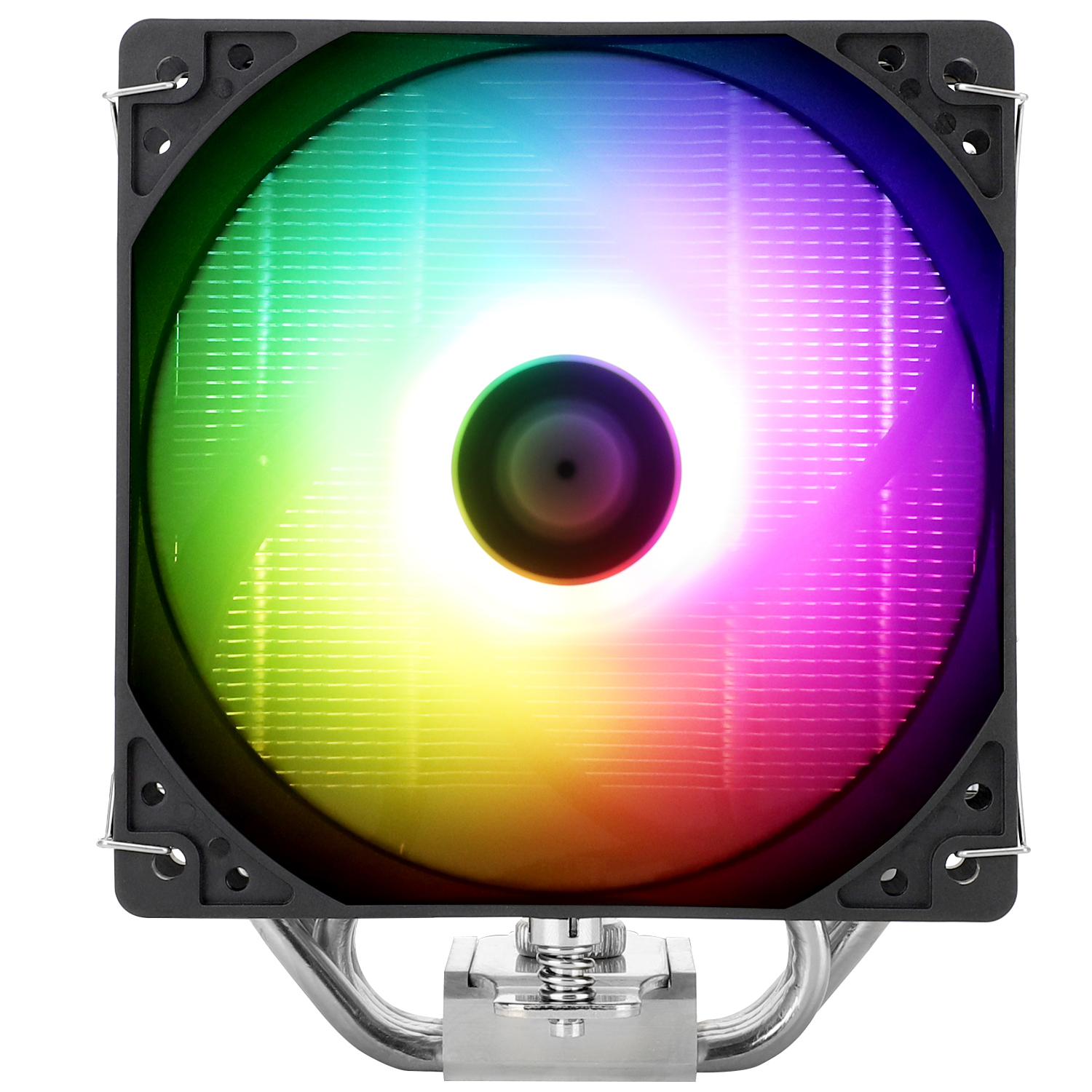 Computerlüfter mit Regenbogenlichtern. Der Lüfter ist schwarz mit einem Metallrahmen. Weißer Hintergrund.
