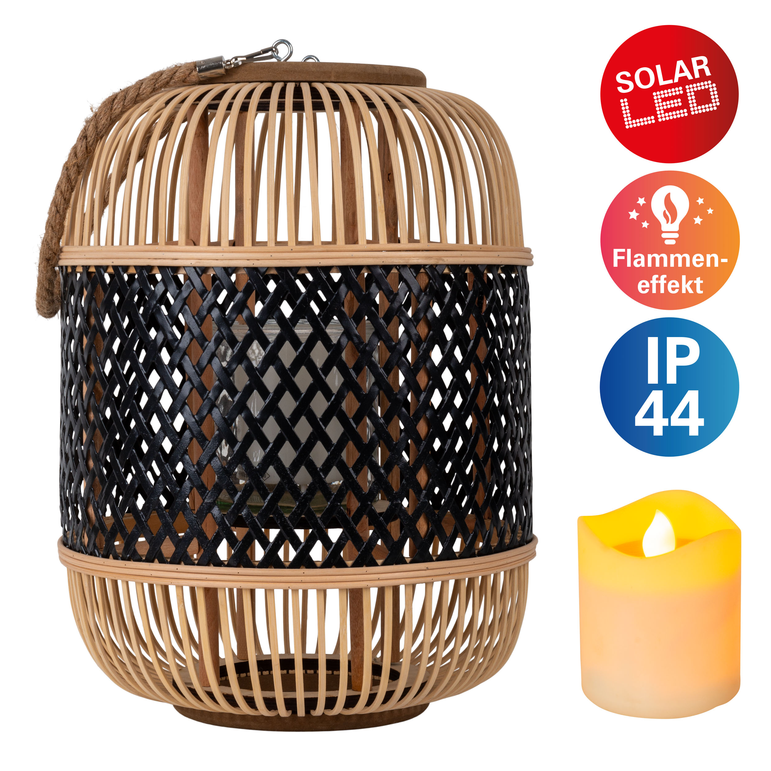Bambuslaterne mit schwarzem Gitter und Kerze. Enthält LED- und IP44-Etiketten.