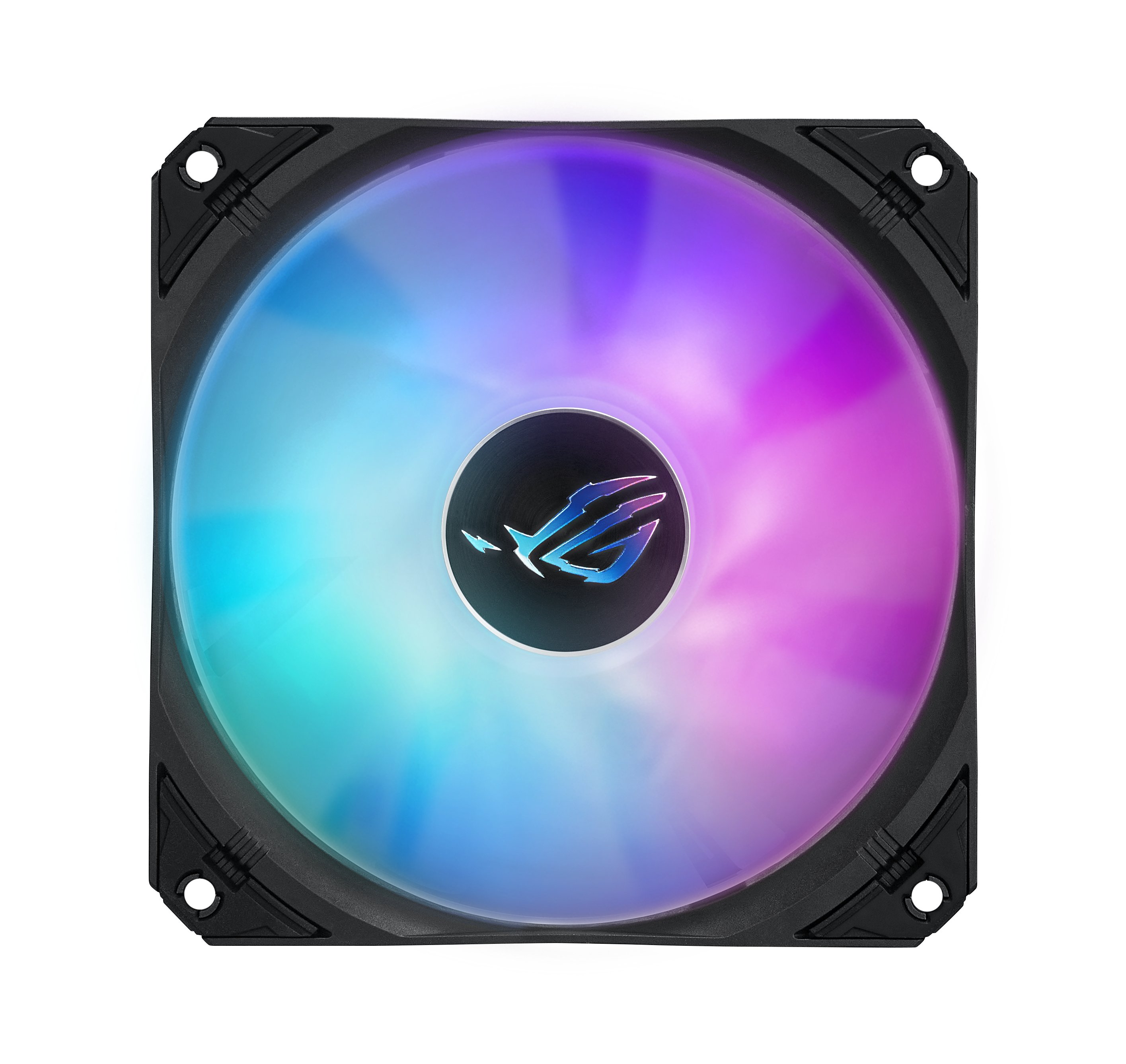 PC-Lüfter mit RGB-Beleuchtung, schwarzer Rahmen, Nahaufnahme, weißer Hintergrund.