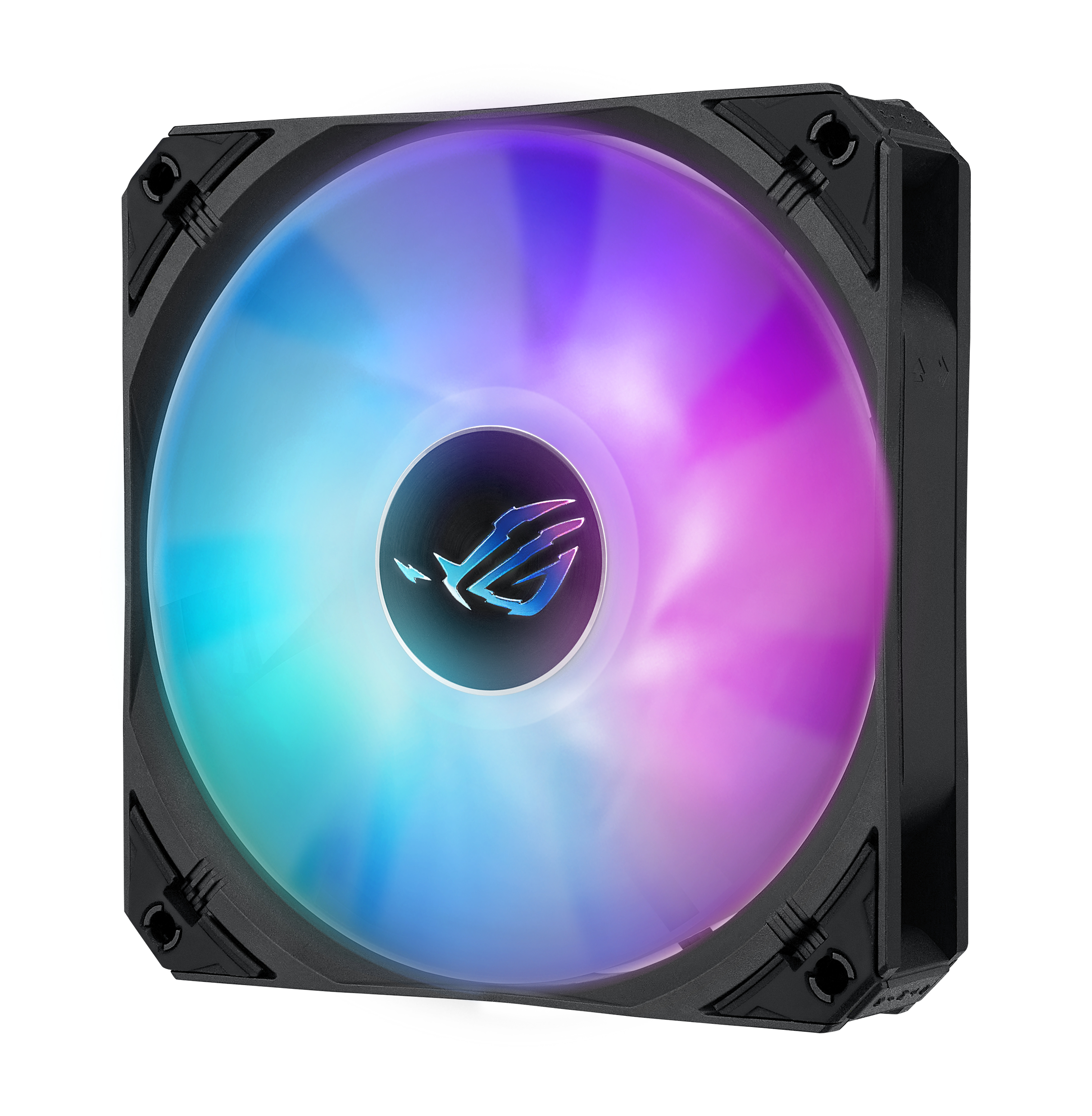 PC-Lüfter mit RGB-Beleuchtung, schwarzer Rahmen, Nahaufnahme, weißer Hintergrund.