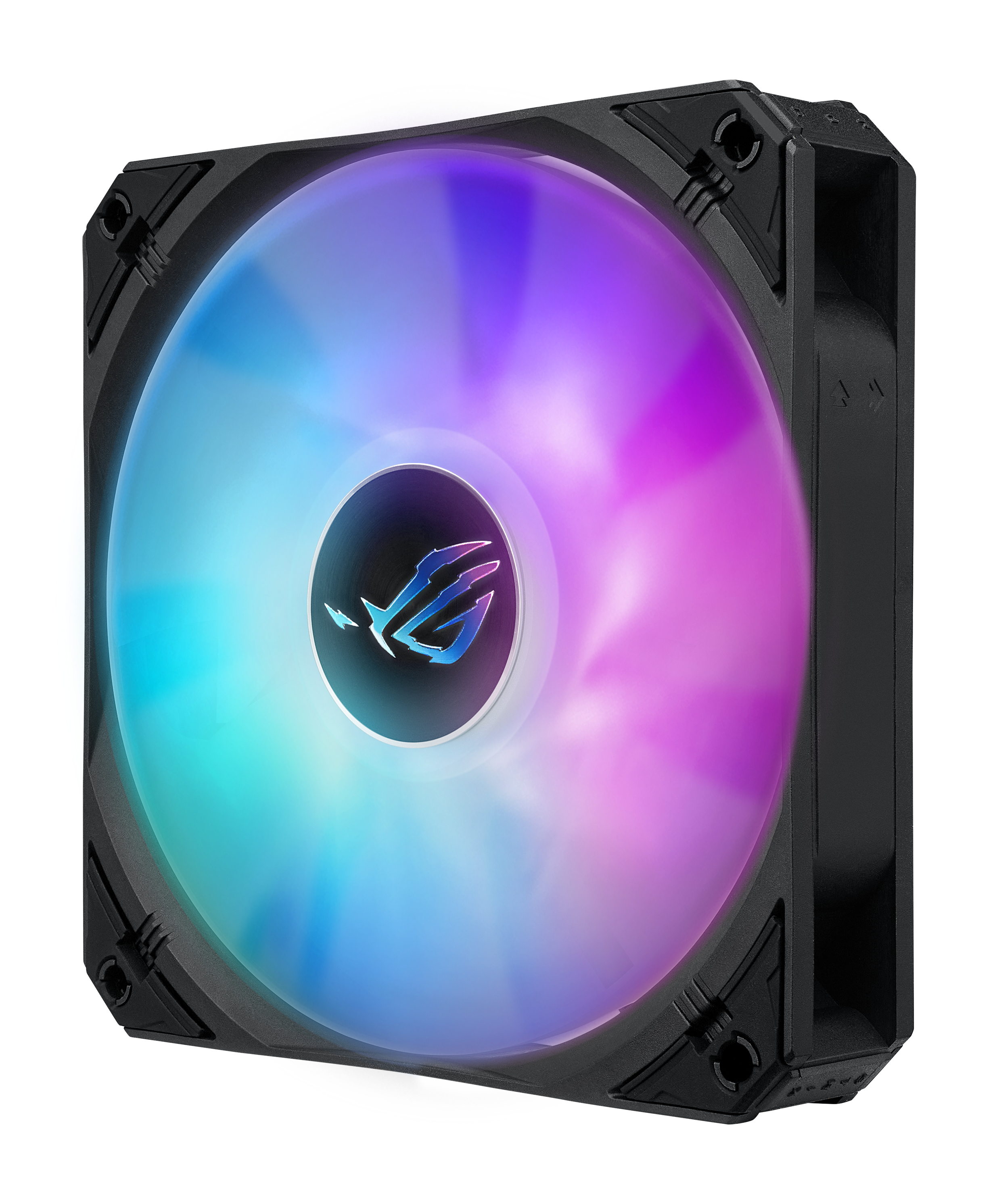 Ein schwarzer Computerlüfter mit RGB-Beleuchtung. Die Mitte hat ein Logo auf weißem Hintergrund.